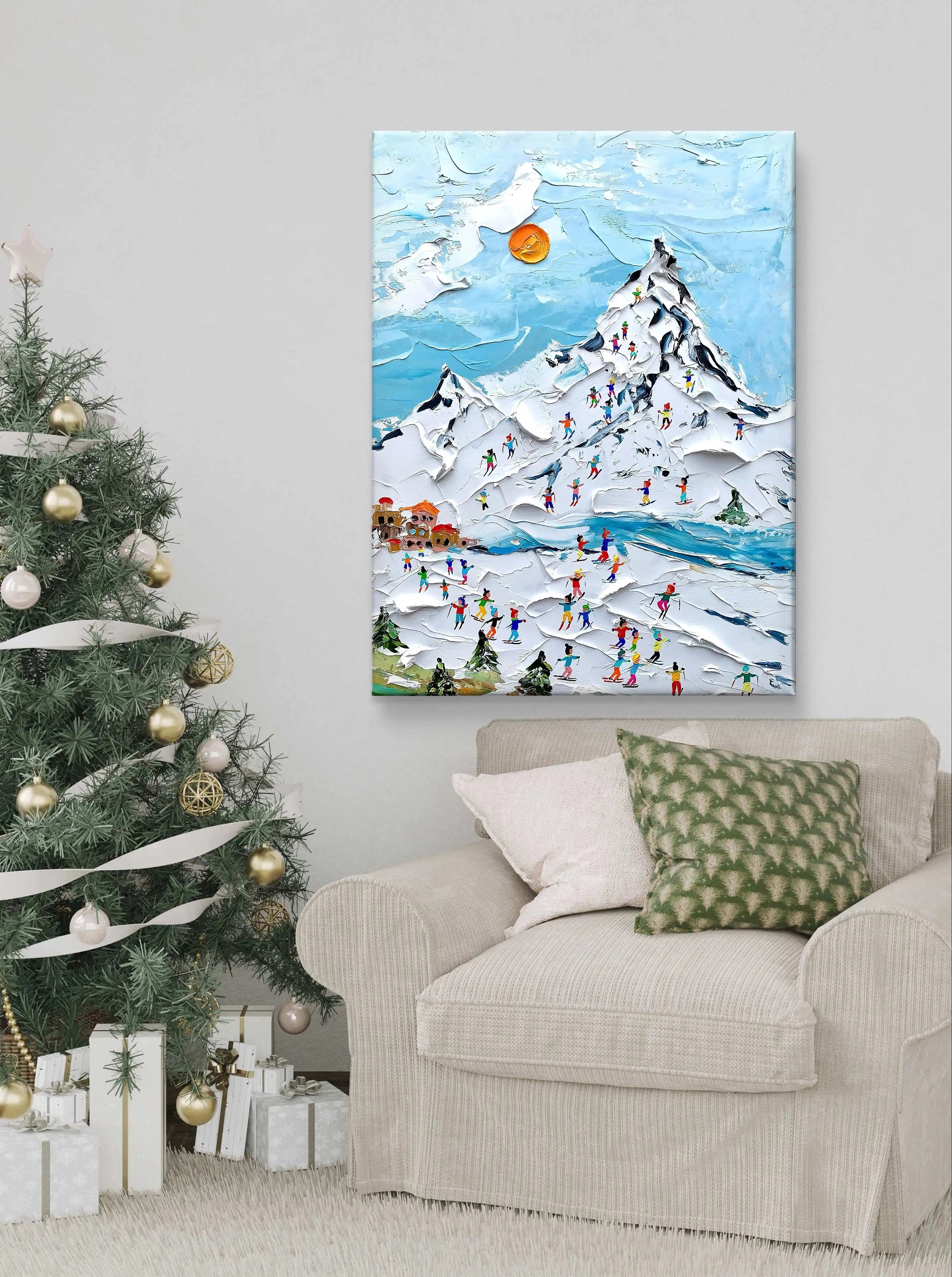 textured wall art of a snowy ski resort scene with vibrant skiers, a snowy mountain, and a blue sky.