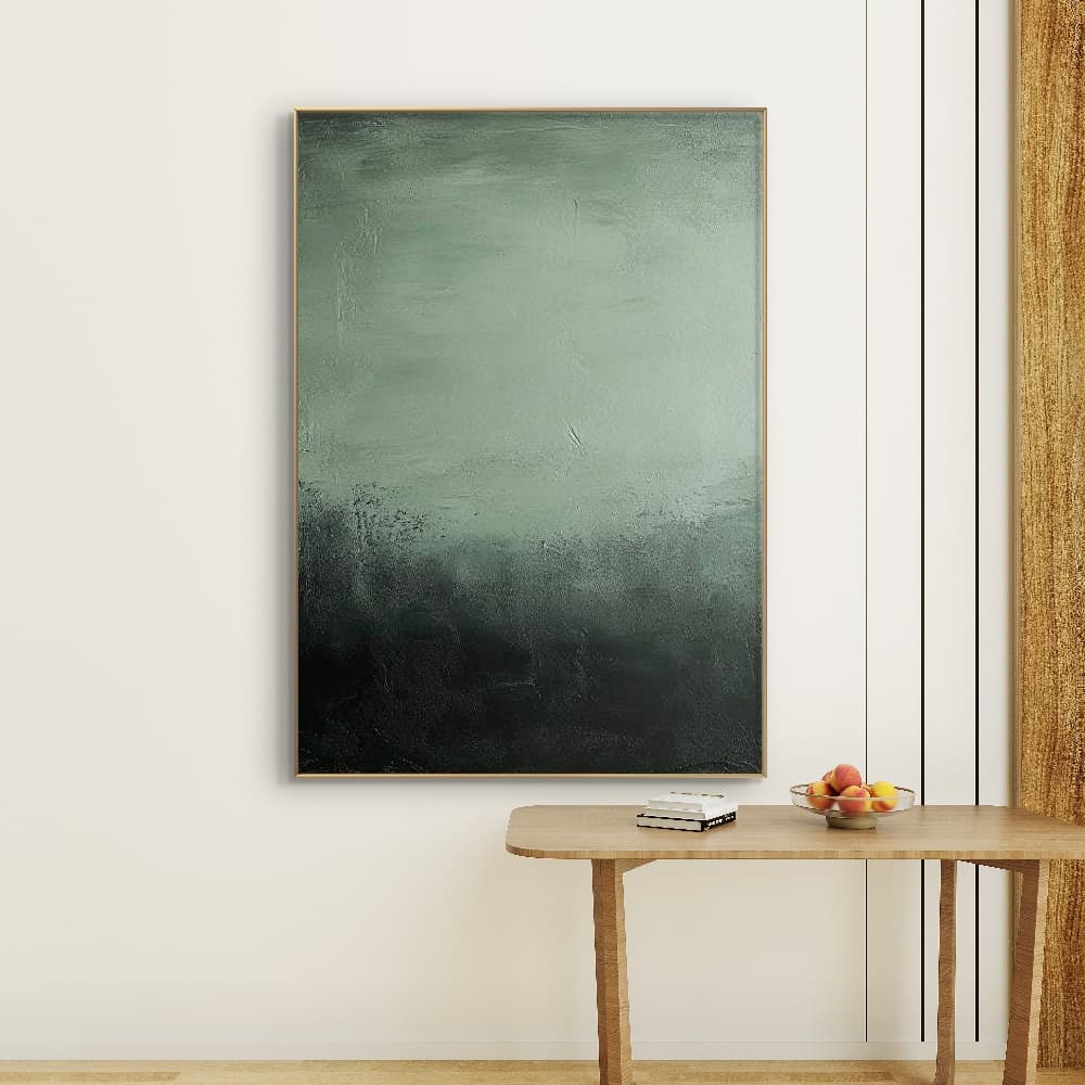 Wabi-Sabi inspired green wall art with organic texture and deep color tones.