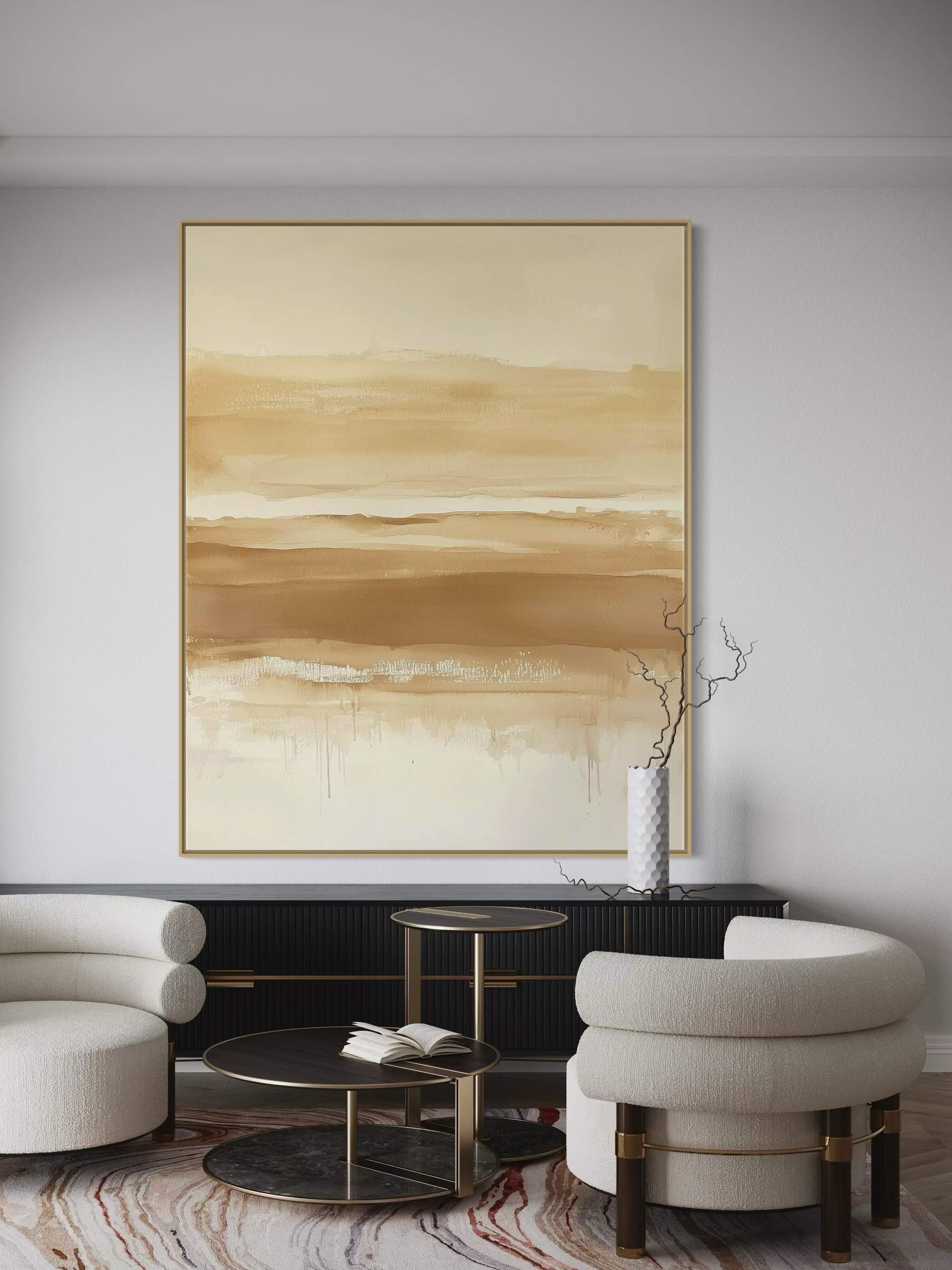 Minimalist abstract landscape canvas wall art featuring beige and brown gradients for a serene decor touch.