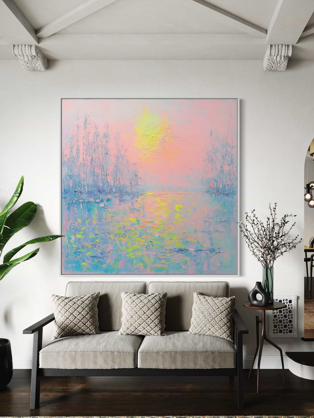 Impressionistic nature-inspired canvas painting in serene pink and blue tones for bedrooms and offices.