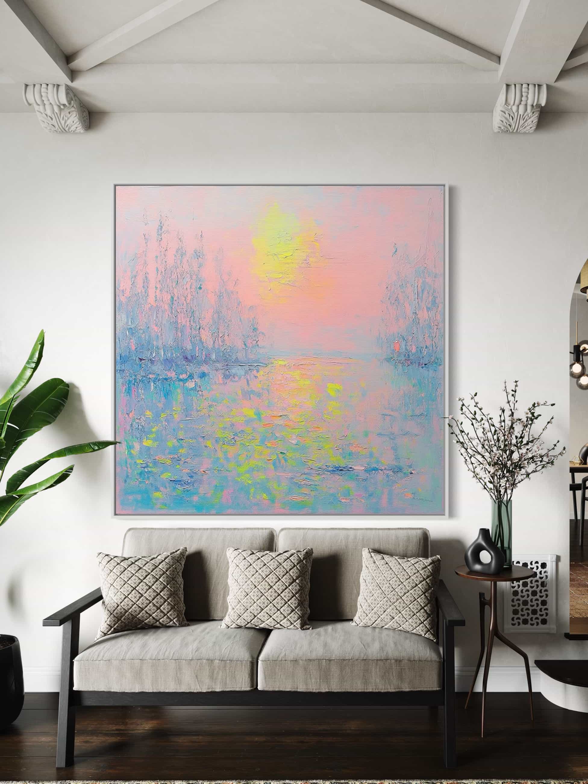 Impressionistic nature-inspired canvas painting in serene pink and blue tones for bedrooms and offices.
