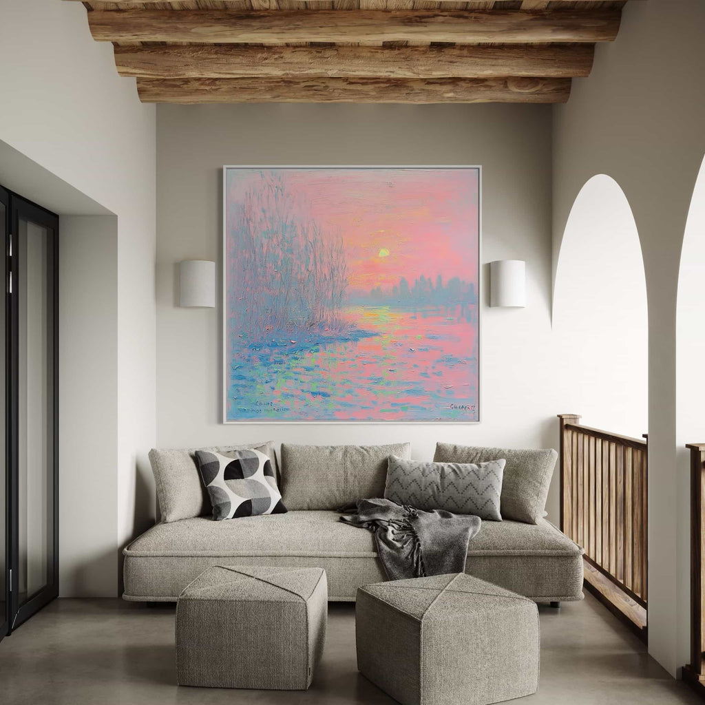 Impressionist landscape wall art in pink, blue, and purple tones, featuring a serene sunset over a tranquil river. Perfect for modern and romantic interiors.
