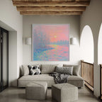 Impressionist landscape wall art in pink, blue, and purple tones, featuring a serene sunset over a tranquil river. Perfect for modern and romantic interiors.