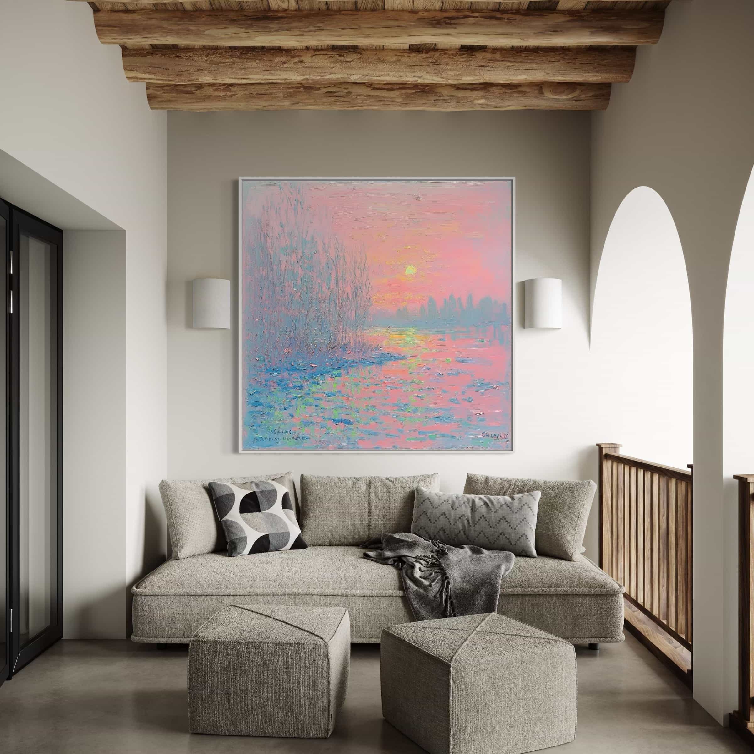 Impressionist landscape wall art in pink, blue, and purple tones, featuring a serene sunset over a tranquil river. Perfect for modern and romantic interiors.