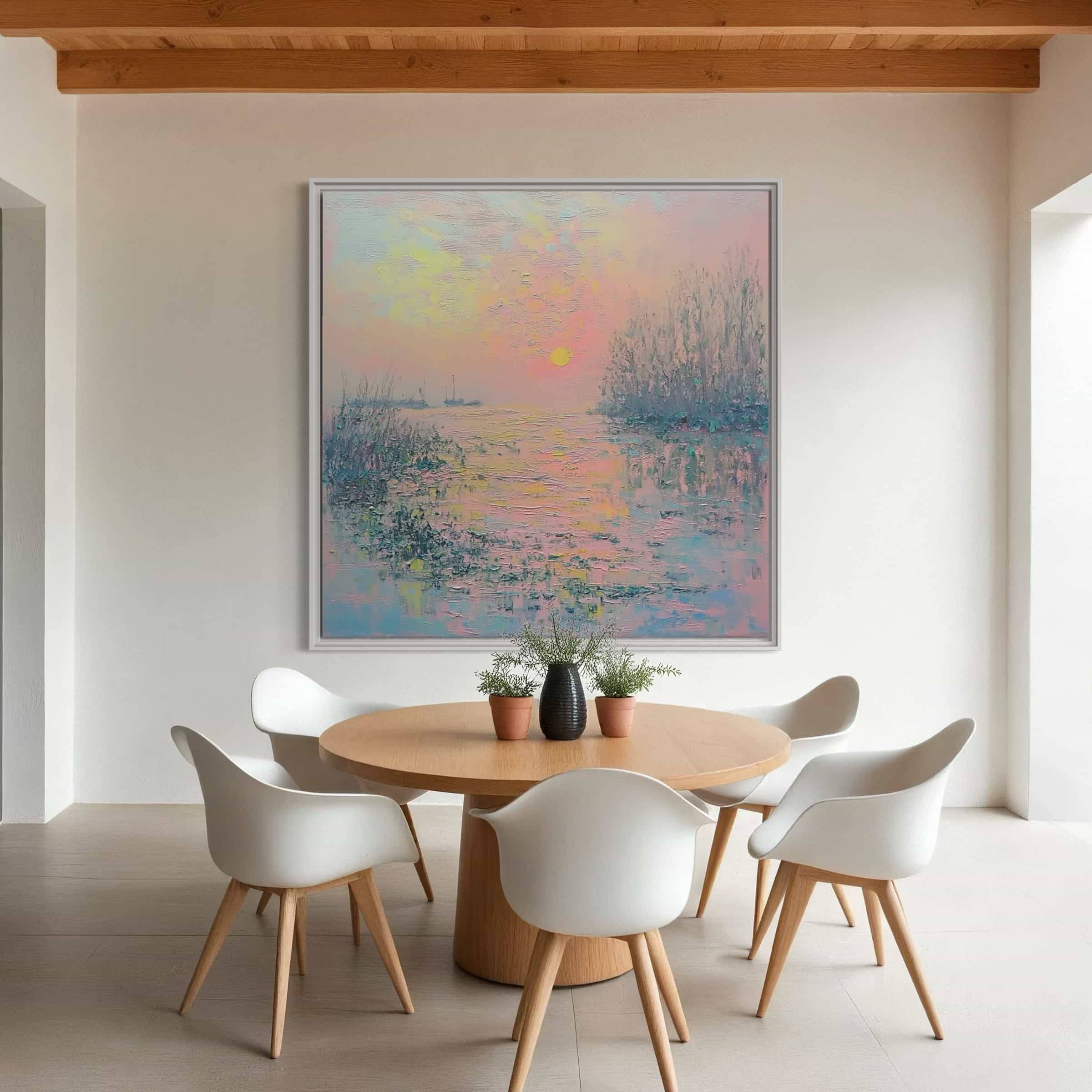 Pastel nature canvas art with pink and blue hues, showcasing a hand-painted impressionistic sunset scene. Ideal for living rooms and bedrooms.