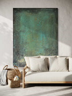 Handcrafted vertical abstract painting in earthy green tones on premium canvas