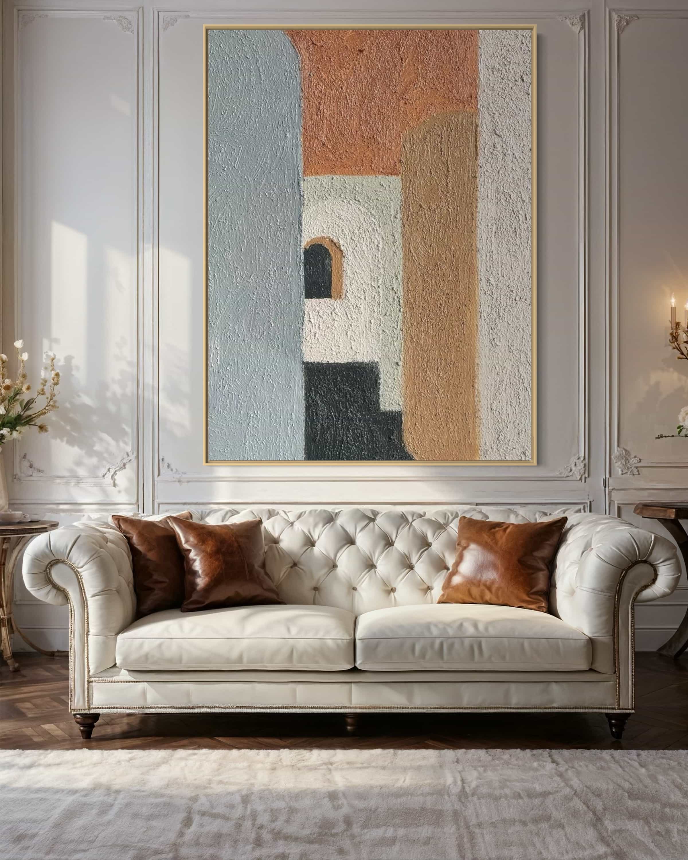 Abstract modern architecture wall art featuring warm and calming tones, perfect for home decor.