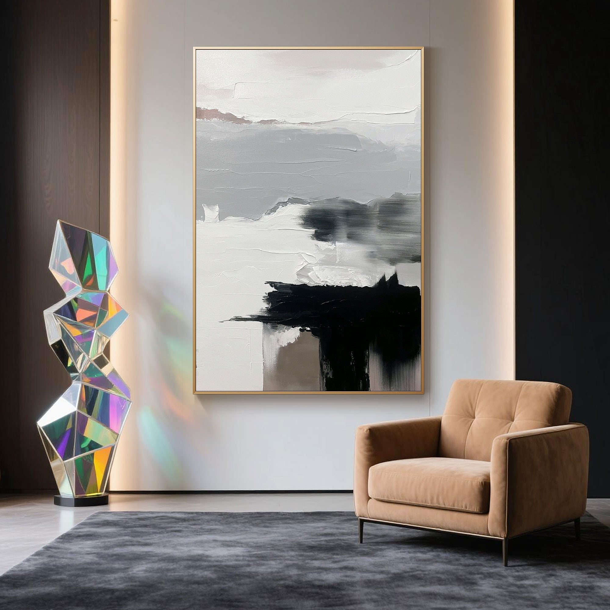 Hand-painted Abstract Wall Art featuring monochrome tones installed above a beige armchair in a contemporary accent wall interior