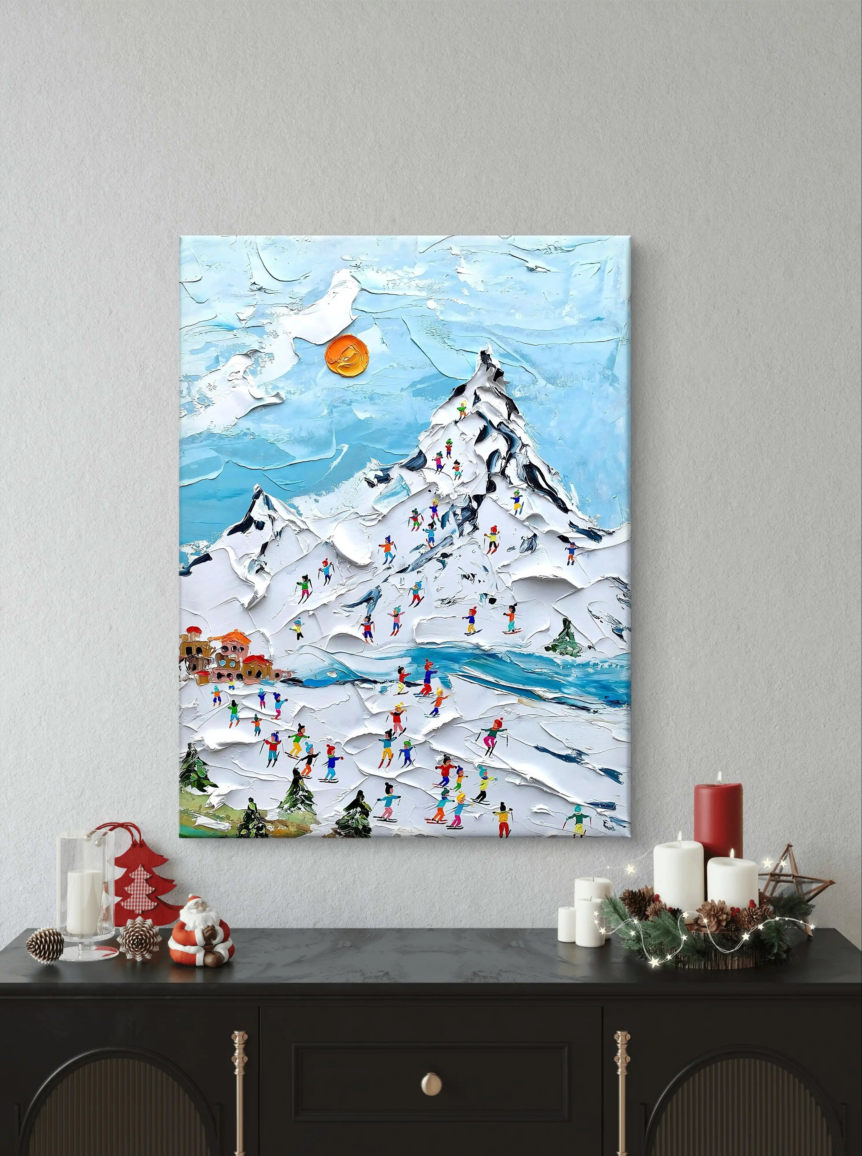 textured wall art of a snowy ski resort scene with vibrant skiers, a snowy mountain, and a blue sky.