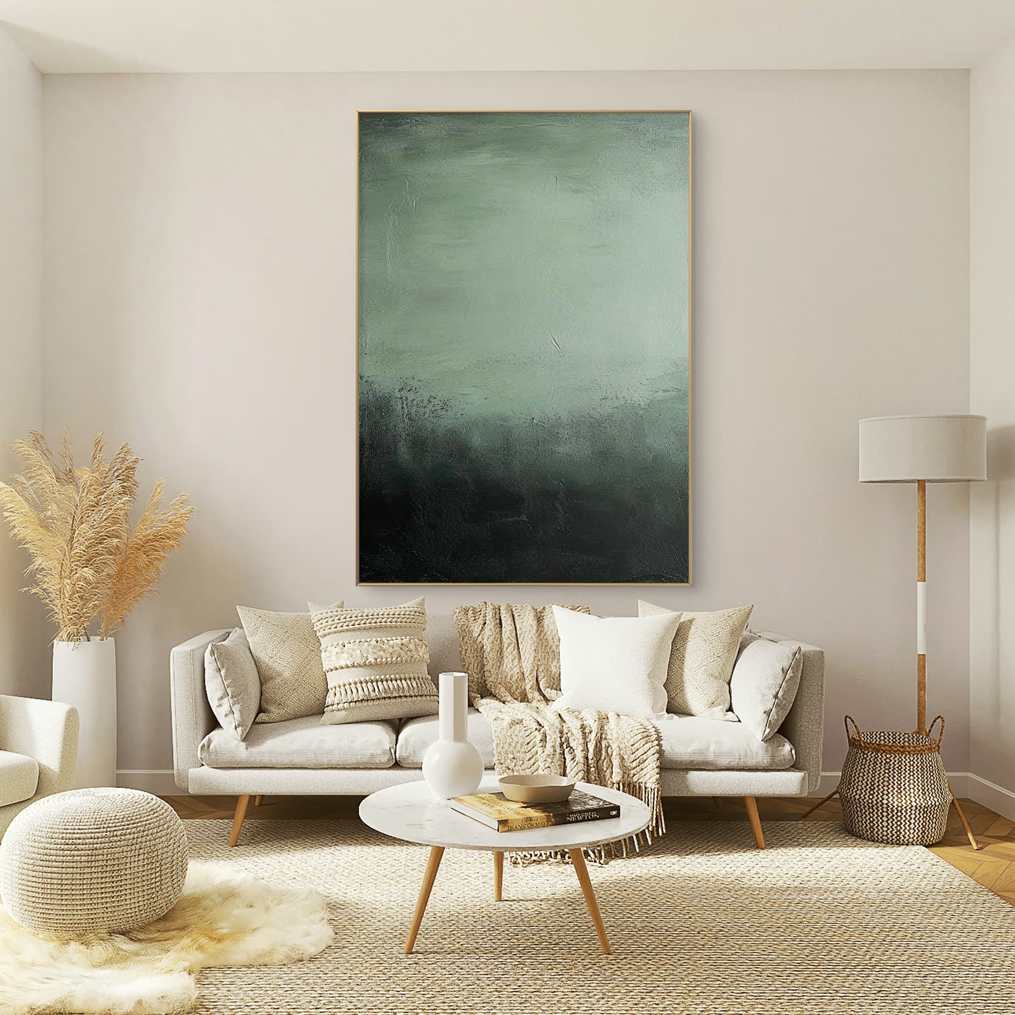 Wabi-Sabi inspired green wall art with organic texture and deep color tones.