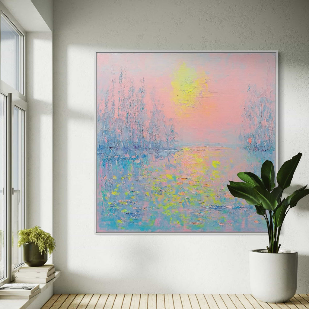 Impressionistic nature-inspired canvas painting in serene pink and blue tones for bedrooms and offices.