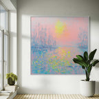 Impressionistic nature-inspired canvas painting in serene pink and blue tones for bedrooms and offices.