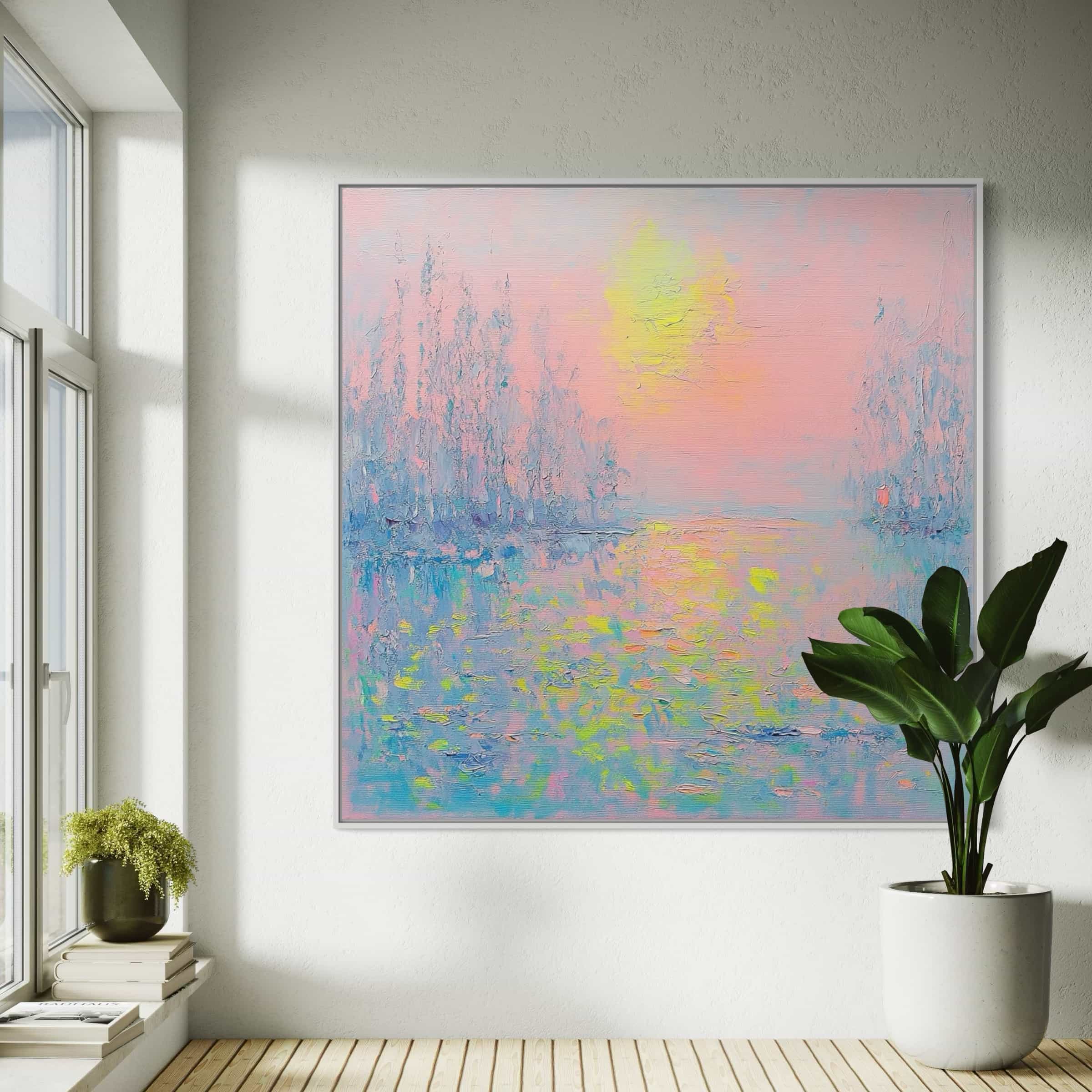 Impressionistic nature-inspired canvas painting in serene pink and blue tones for bedrooms and offices.