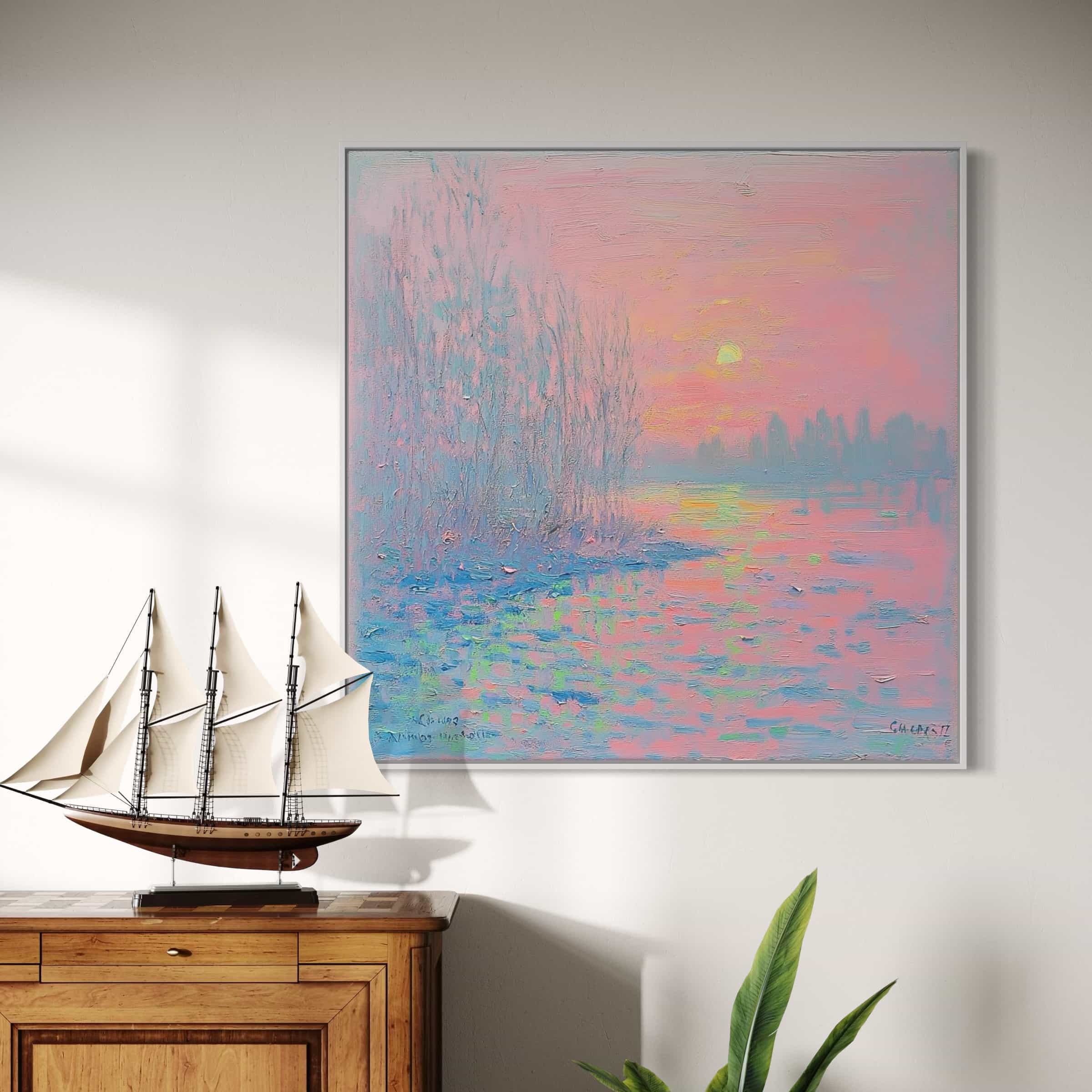 Impressionist landscape wall art in pink, blue, and purple tones, featuring a serene sunset over a tranquil river. Perfect for modern and romantic interiors.