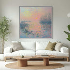 Pastel nature canvas art with pink and blue hues, showcasing a hand-painted impressionistic sunset scene. Ideal for living rooms and bedrooms.