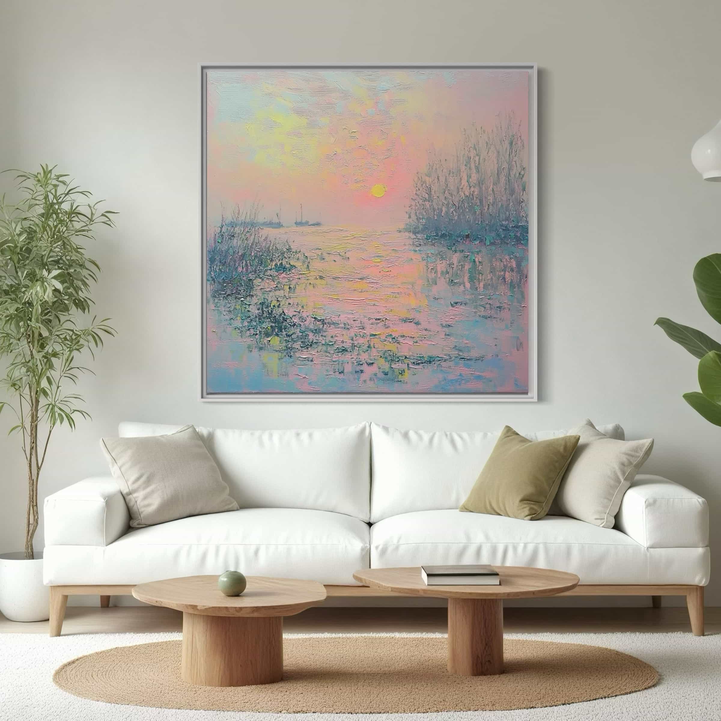Pastel nature canvas art with pink and blue hues, showcasing a hand-painted impressionistic sunset scene. Ideal for living rooms and bedrooms.