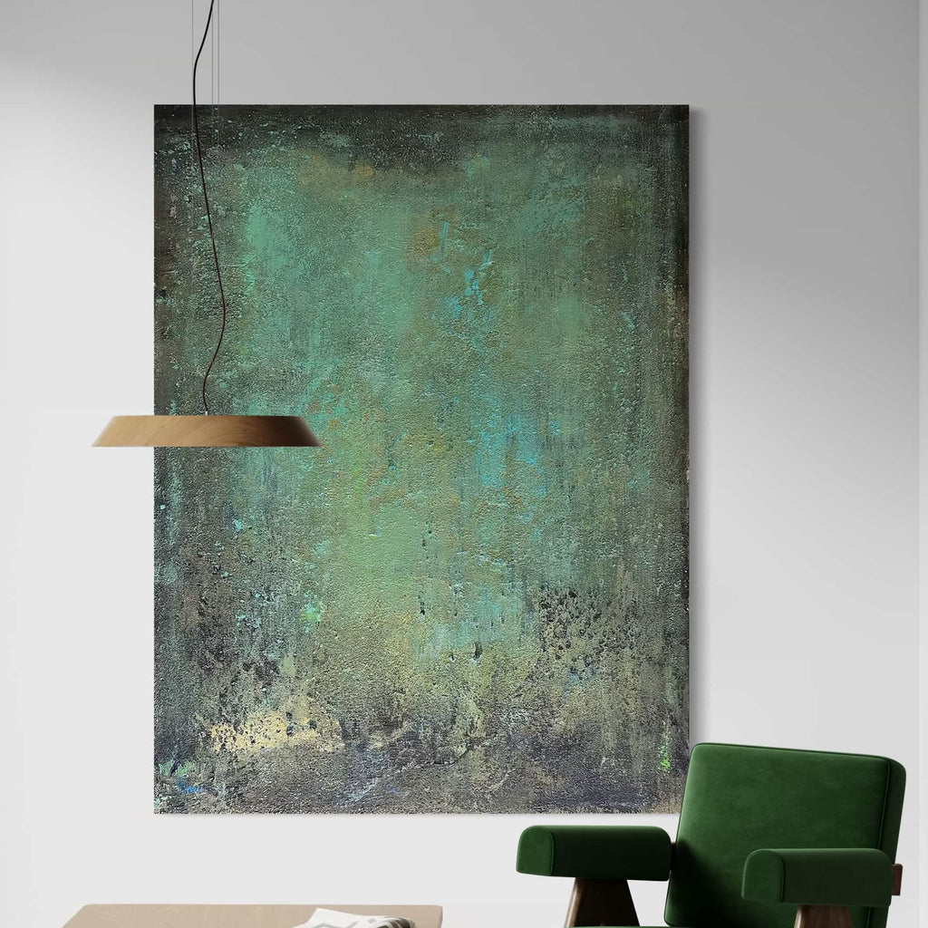 Wabi-Sabi-inspired abstract canvas art with textured green and blue tones, perfect for modern and minimalist interiors.