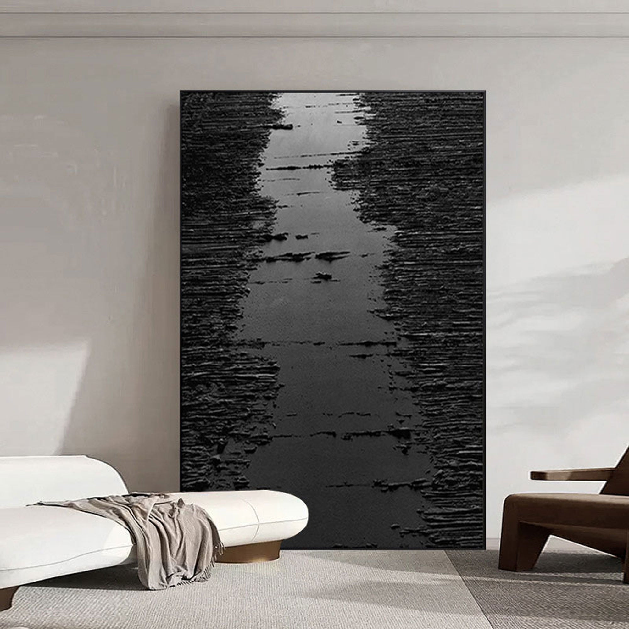 Wabi-Sabi inspired black canvas art, perfect for adding depth and character to living rooms or office spaces.