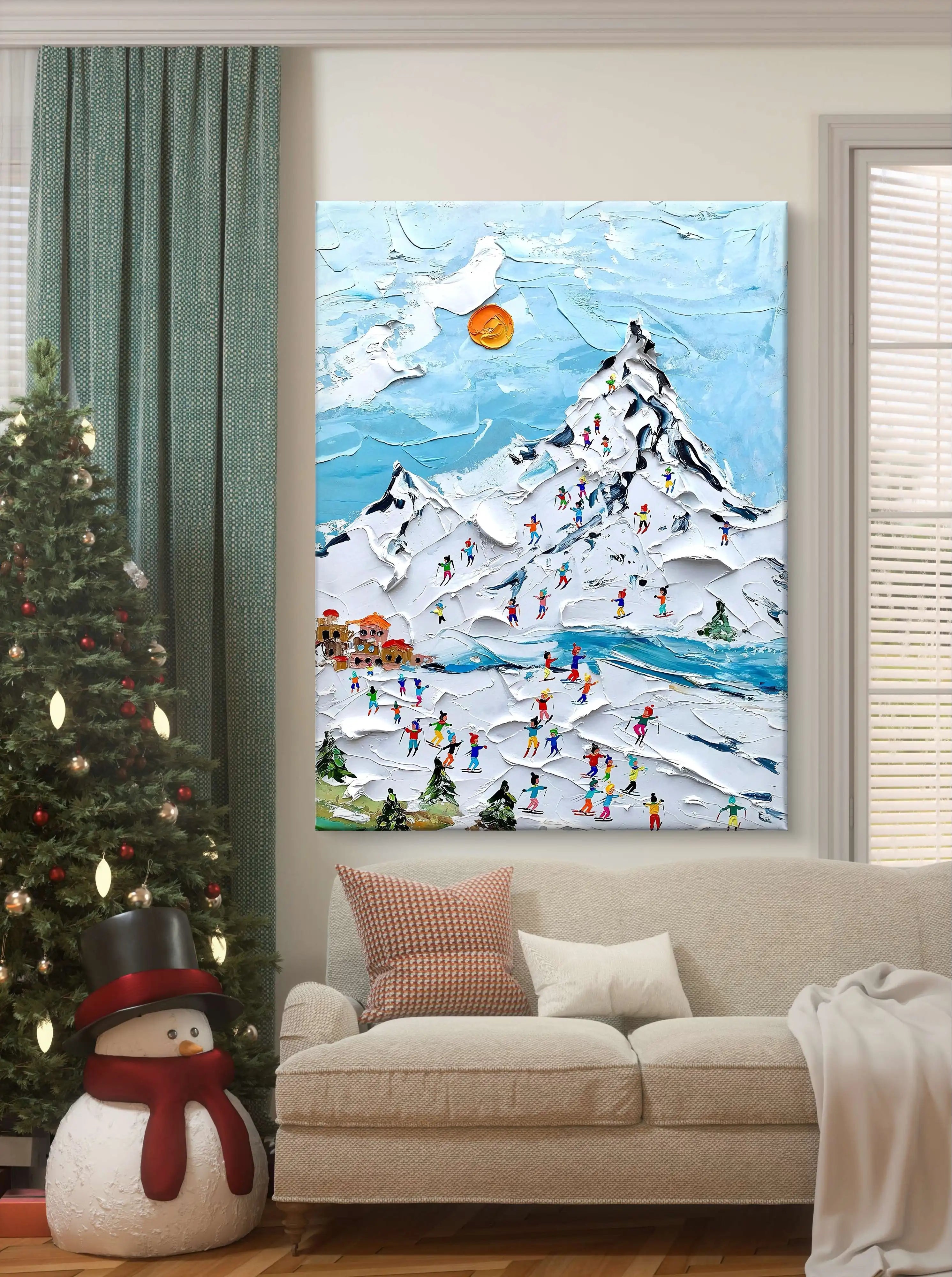 textured wall art of a snowy ski resort scene with vibrant skiers, a snowy mountain, and a blue sky.