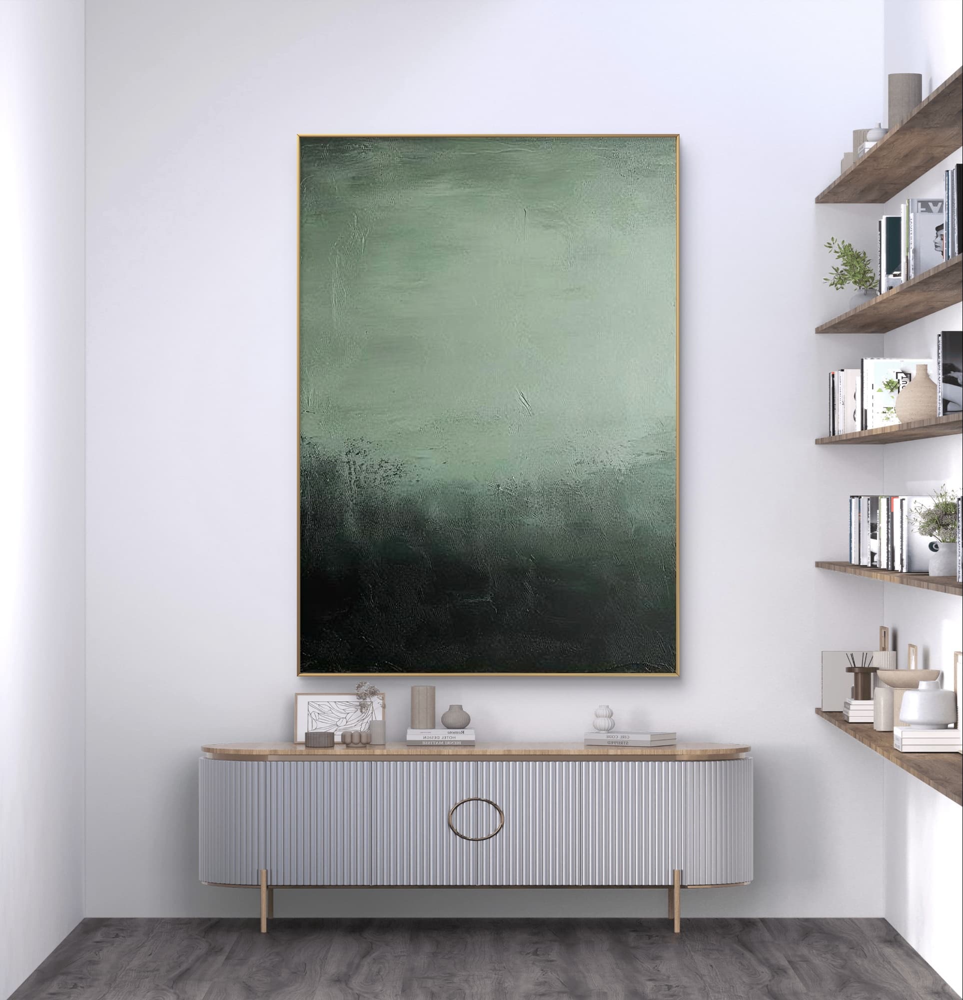 Wabi-Sabi inspired green wall art with organic texture and deep color tones.