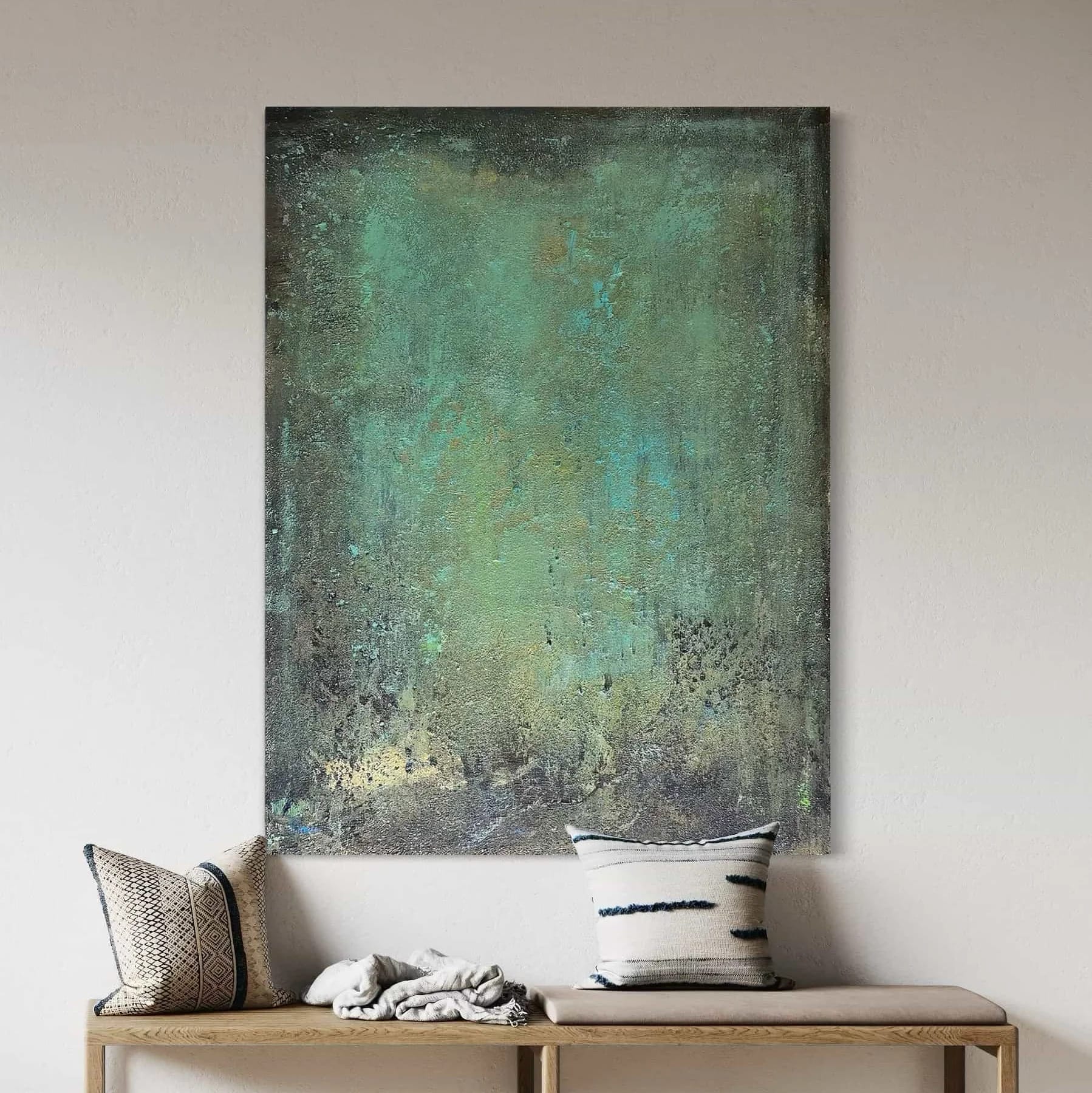 Wabi-Sabi Green Abstract Canvas Vertical Mid-century Modern Wall