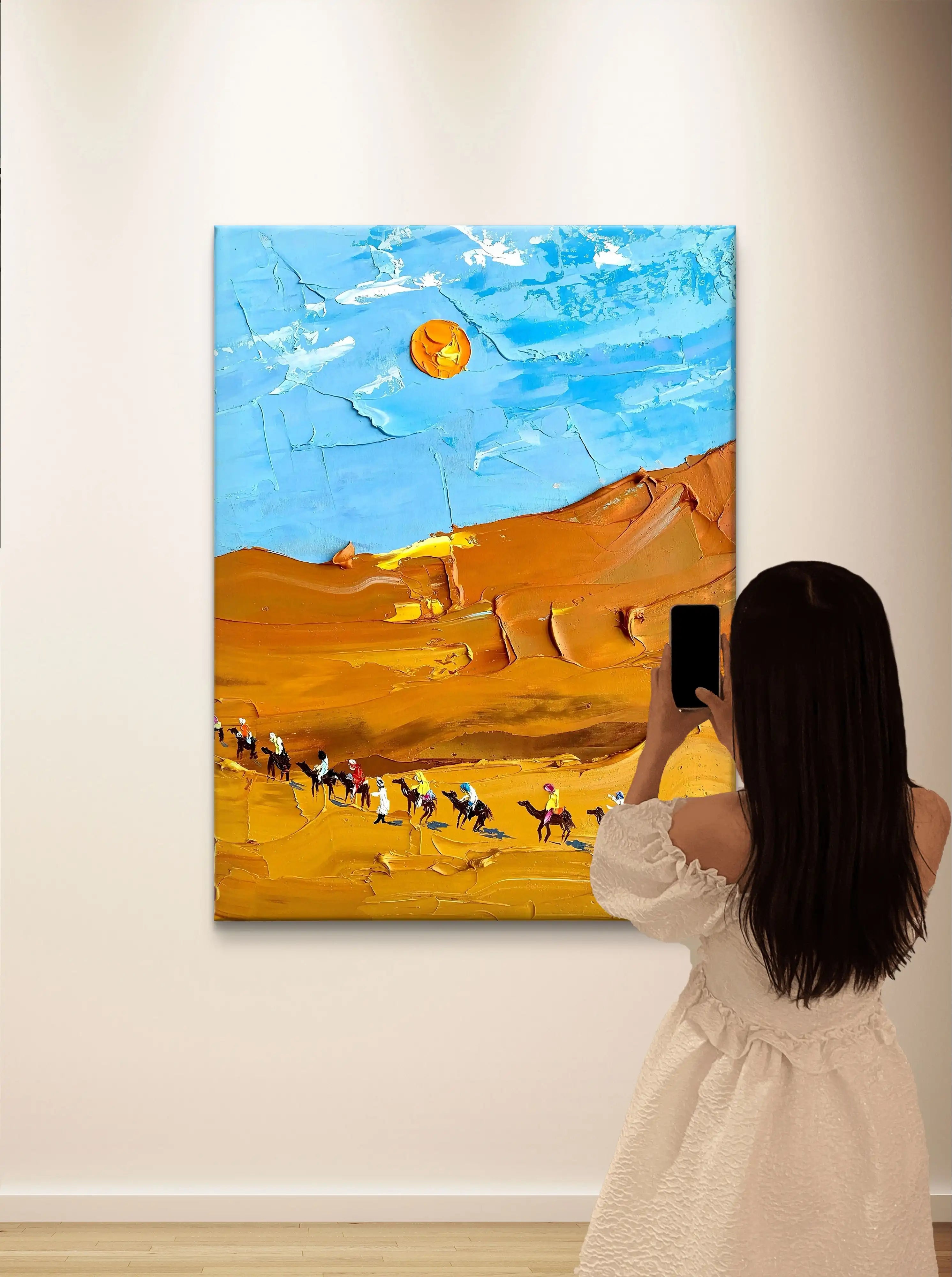Textured Desert Landscape Canvas with Camel Caravan Under Blue Sky