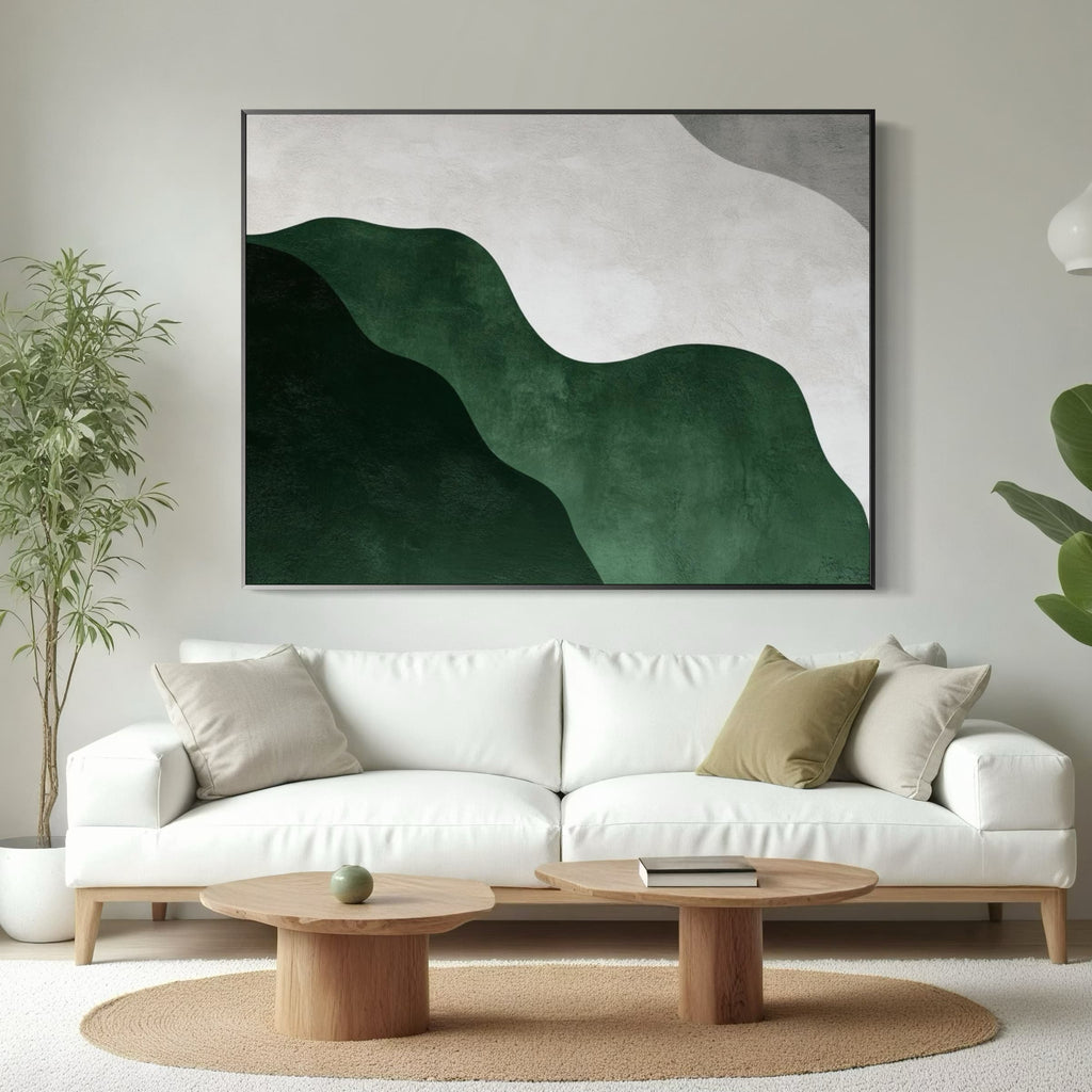 Green Horizon canvas art displayed above a white sofa in living room.
