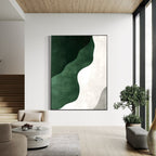 Abstract Green Horizon canvas art in modern living room setting.