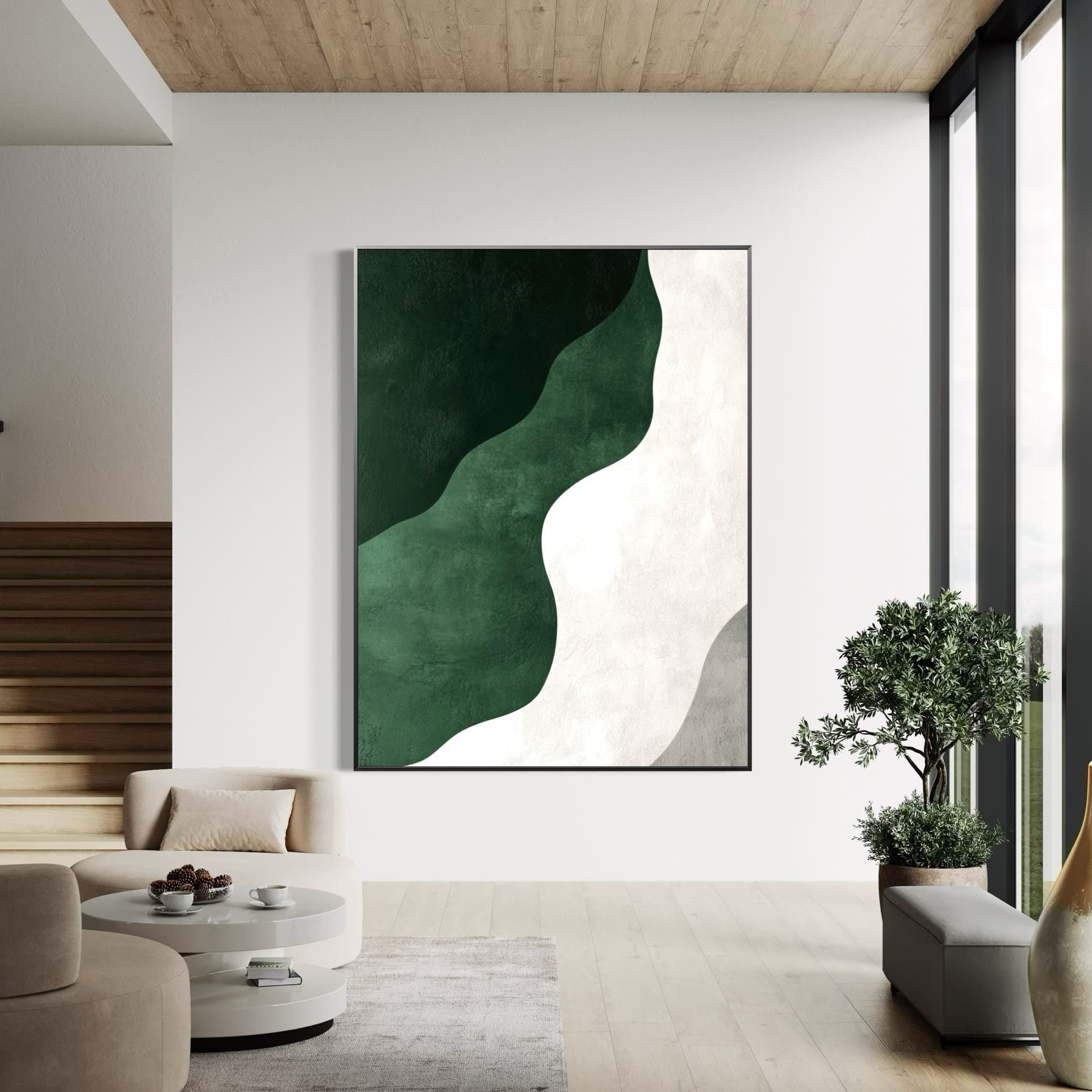 Abstract Green Horizon canvas art in modern living room setting.
