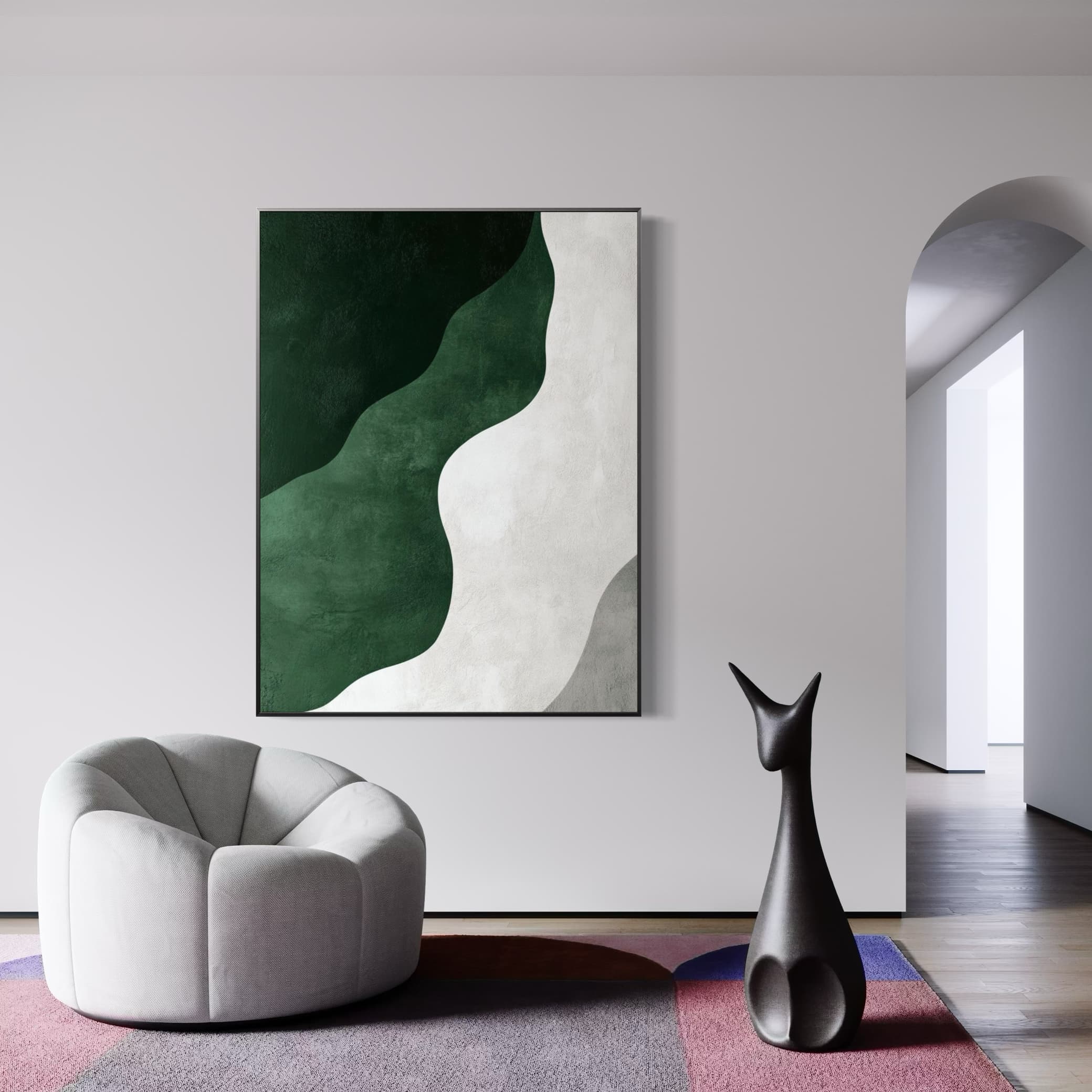 Abstract Coastal canvas art with green waves in minimalist room setting.