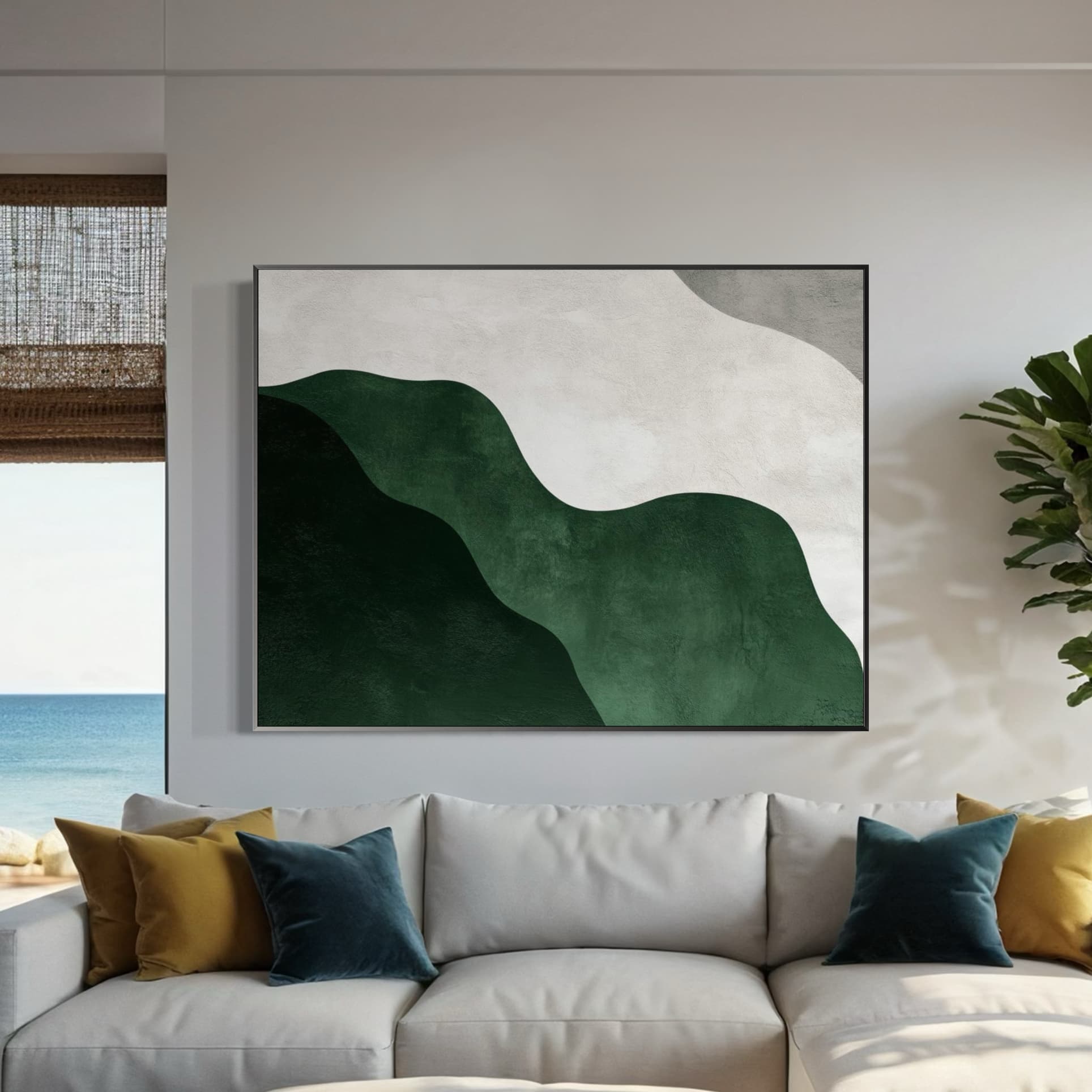 Green and white wave design on modern abstract wall painting