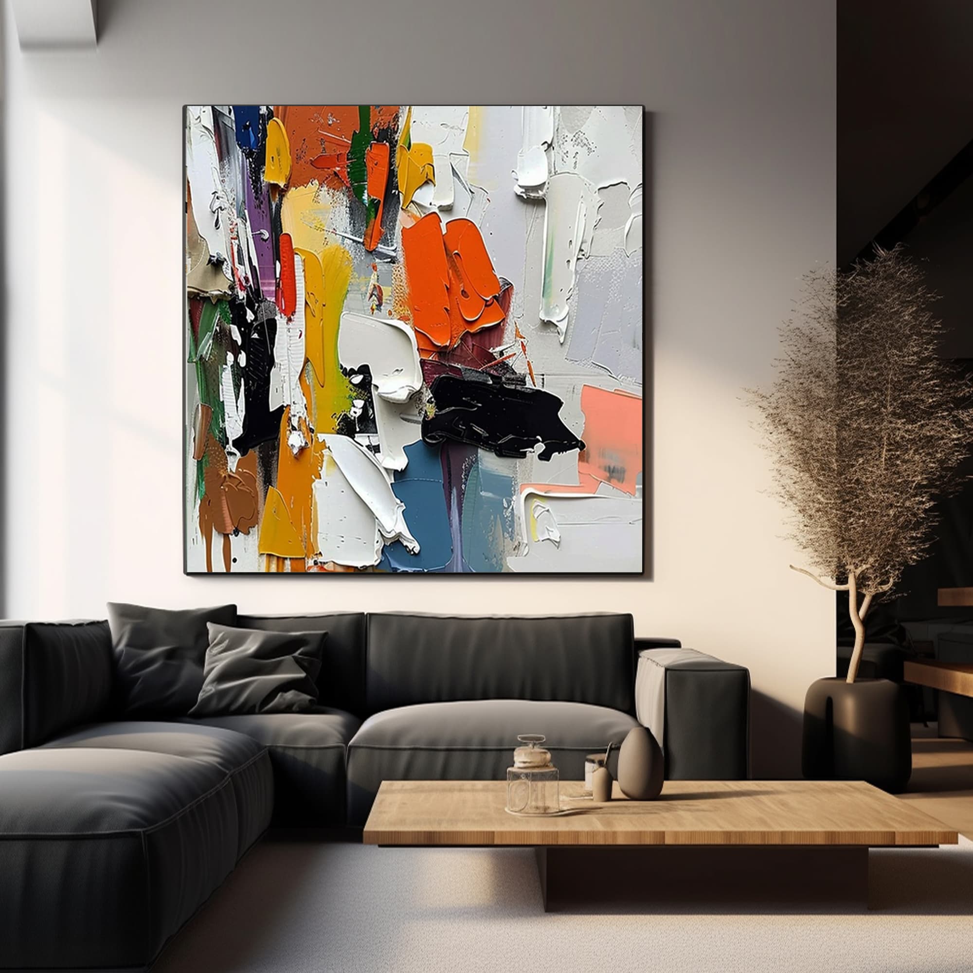 Colorful abstract 3D textured hand-painted wall art displayed in a contemporary living room with neutral furniture, enhancing the space with vibrant artistic flair, museum-grade canvas, and eco-friendly materials.