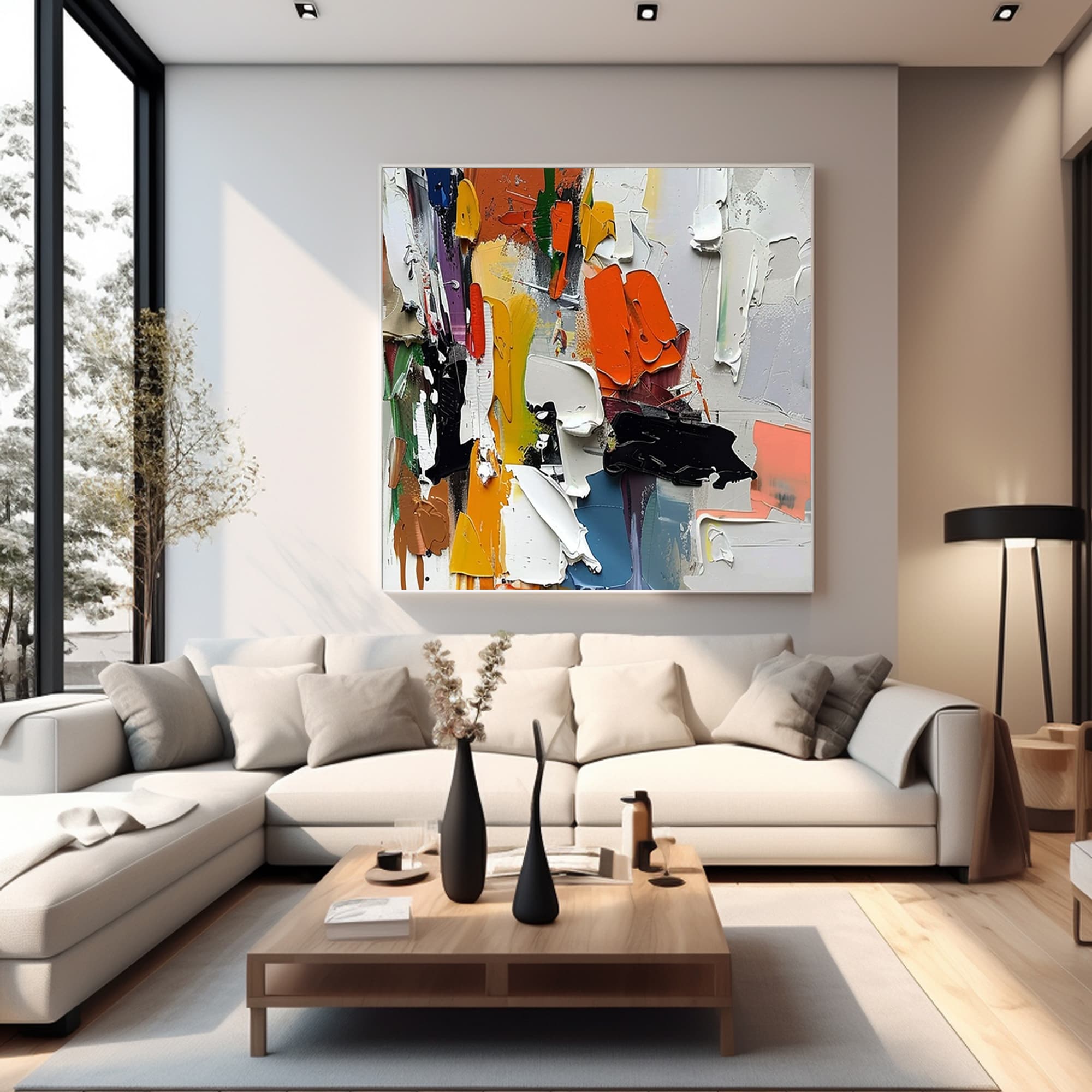 Bright and airy room setting highlighting colorful 3D textured abstract wall art, hand-painted with eco-friendly acrylics, bringing energy and movement to the decor with square-shaped museum-quality canvas.