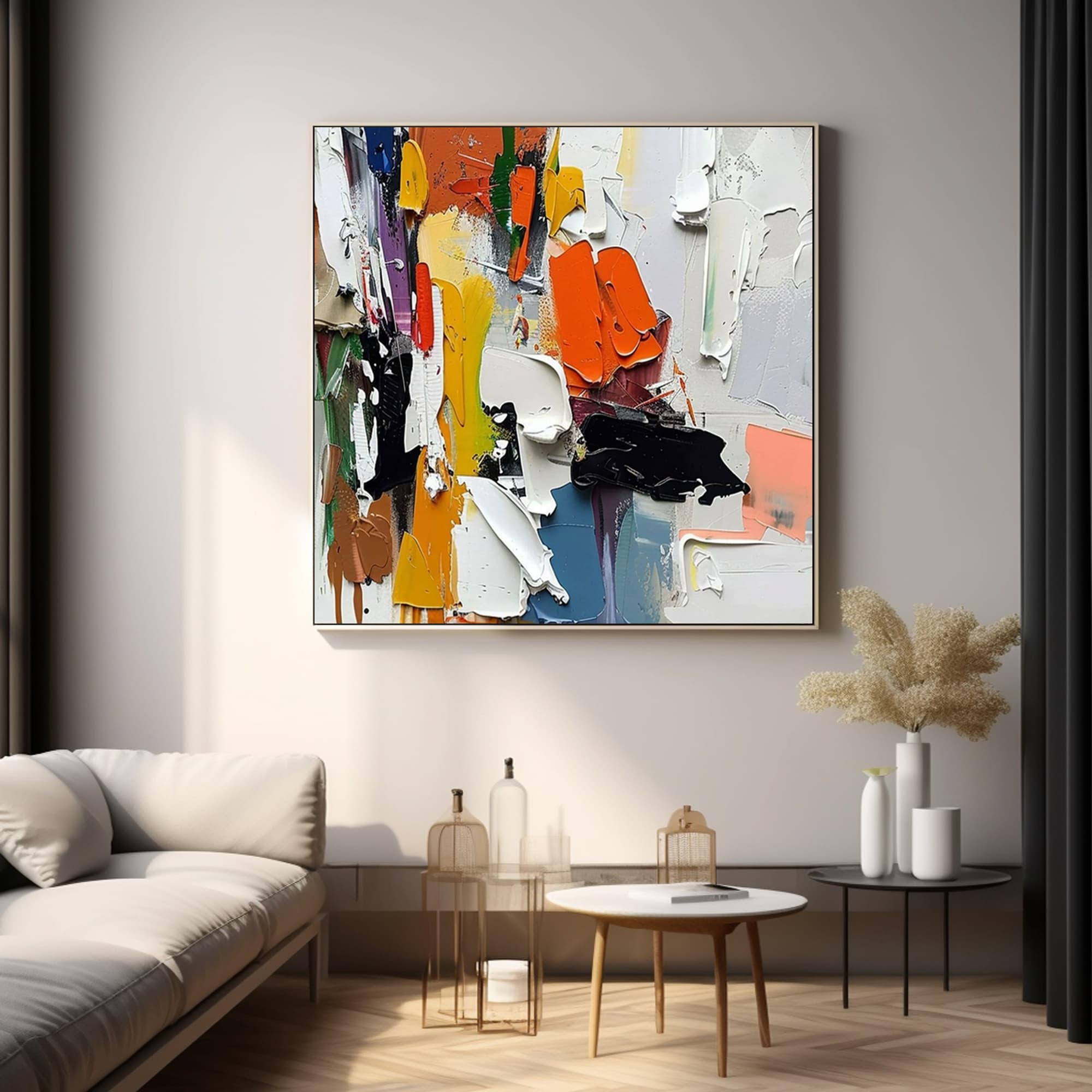 Vibrant abstract wall art in colorful hues with rich 3D texture, hand-painted using premium acrylic paints on high-quality square canvas, ideal for modern interiors, offering eco-conscious craftsmanship and sophisticated visual impact.