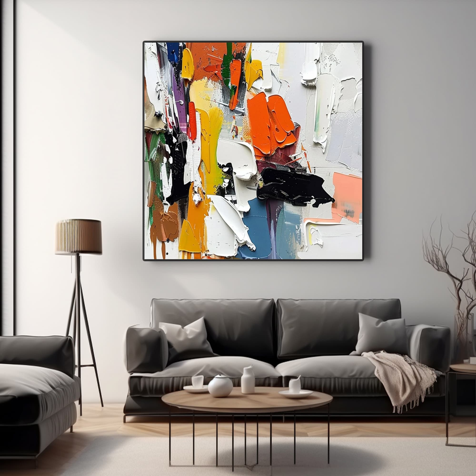 Colorful abstract painting with thick impasto texture and energetic color patches, hand-painted with sustainable materials on museum-grade square canvas, perfect as statement wall art or luxury modern home decoration.