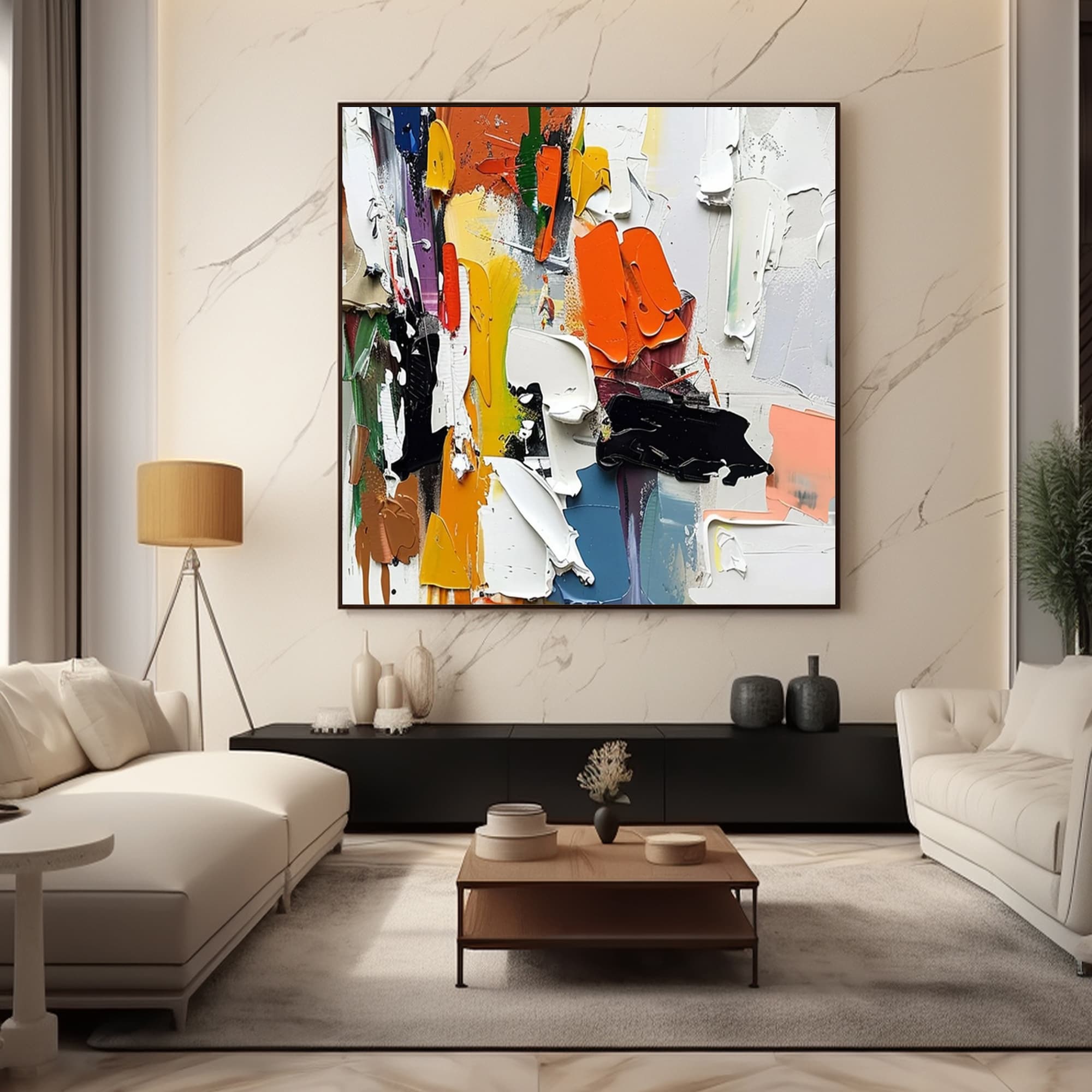 Modern living room scene featuring colorful hand-painted abstract canvas art with dynamic 3D texture, mounted on a white wall, showcasing sustainable artistry and premium wall decor aesthetics.