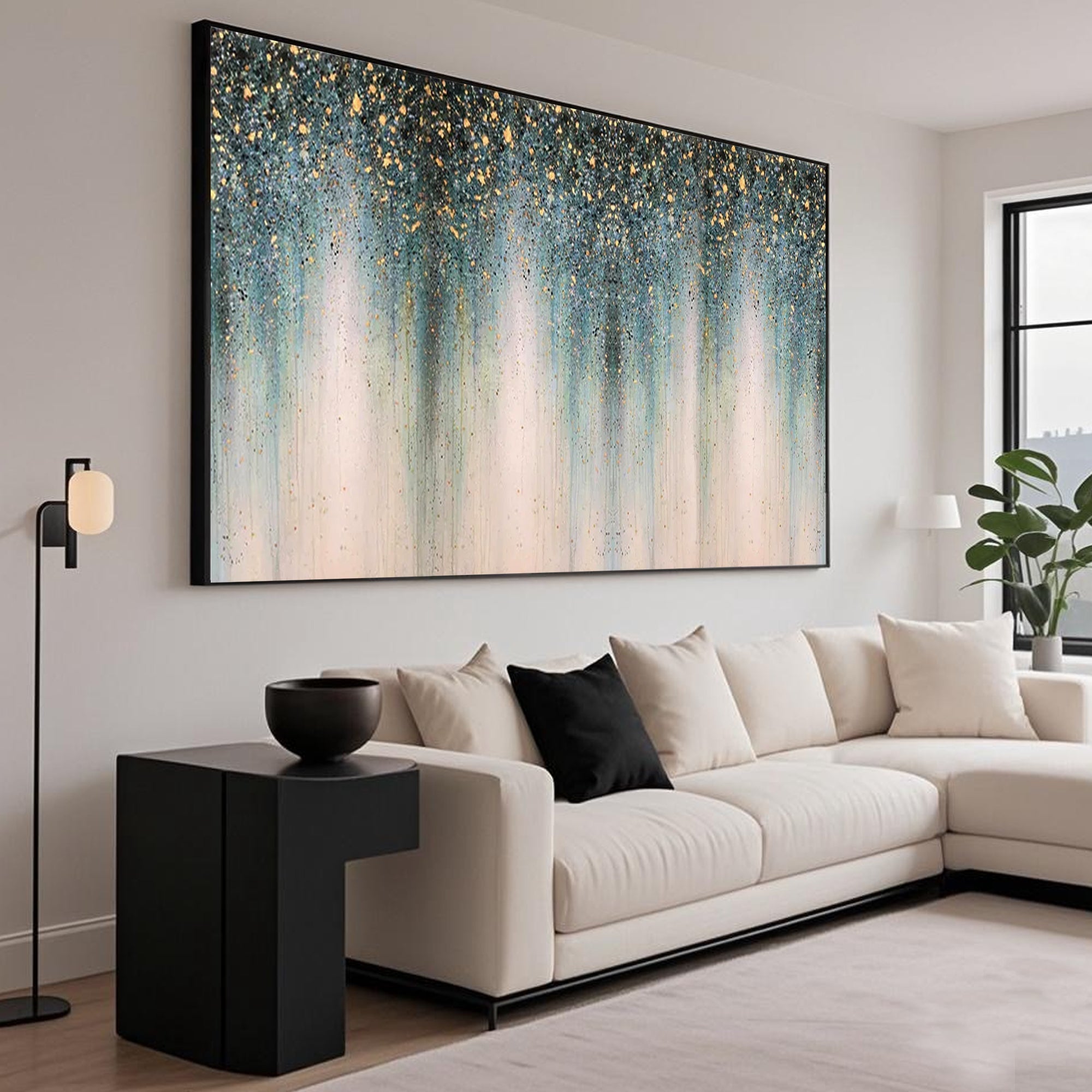 Starveil abstract art in a modern living room with a sleek black frame.