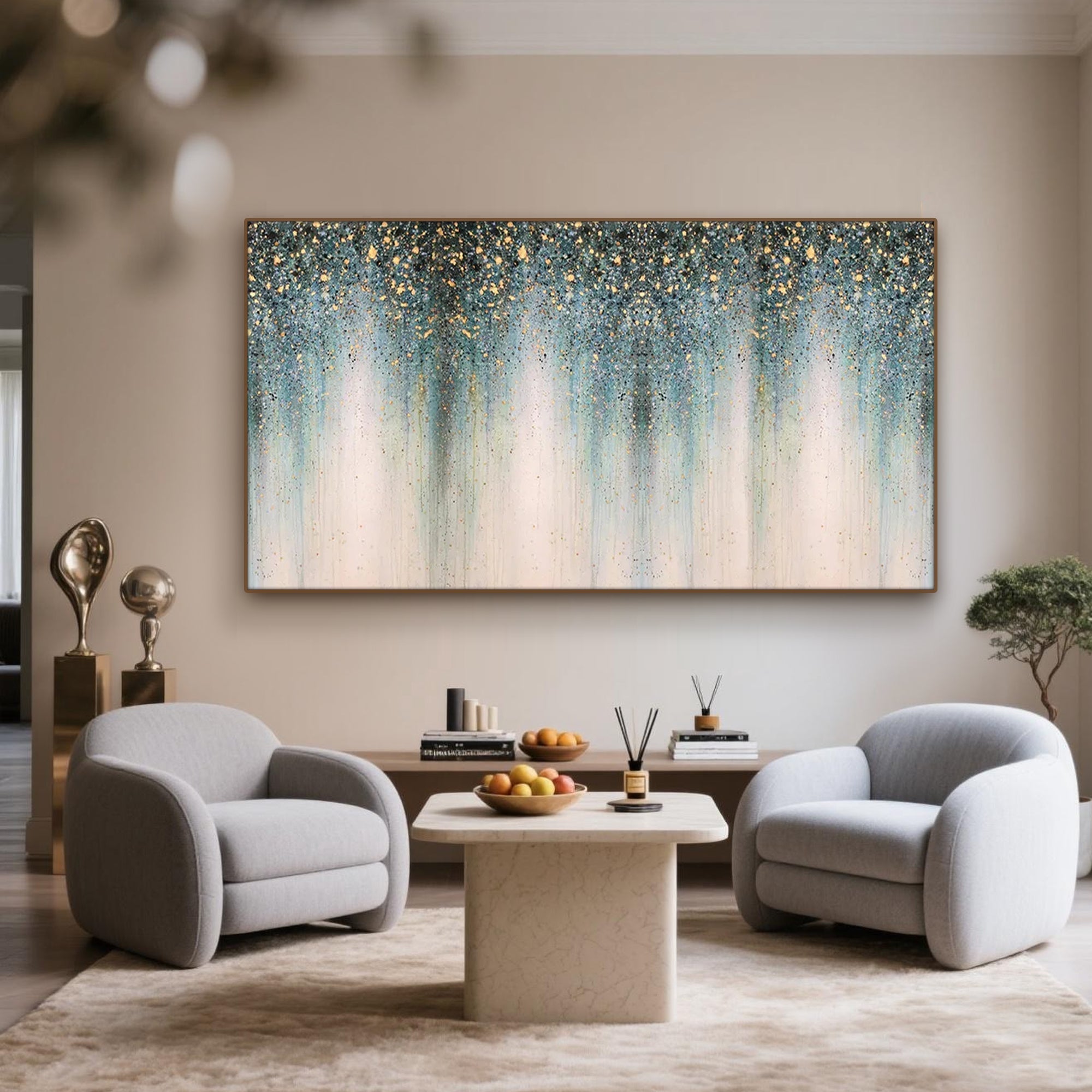Blue and gold Starveil abstract canvas art in a contemporary home.