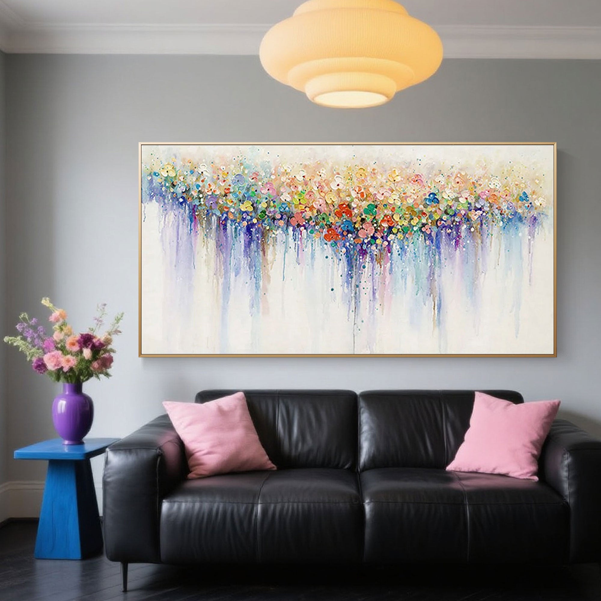 Abstract canvas art featuring colorful dots in a horizontal gradient.