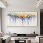 Modern abstract colorful wall painting with hand-painted dots in vibrant shades on a horizontal canvas, perfect for bright and artistic interiors.