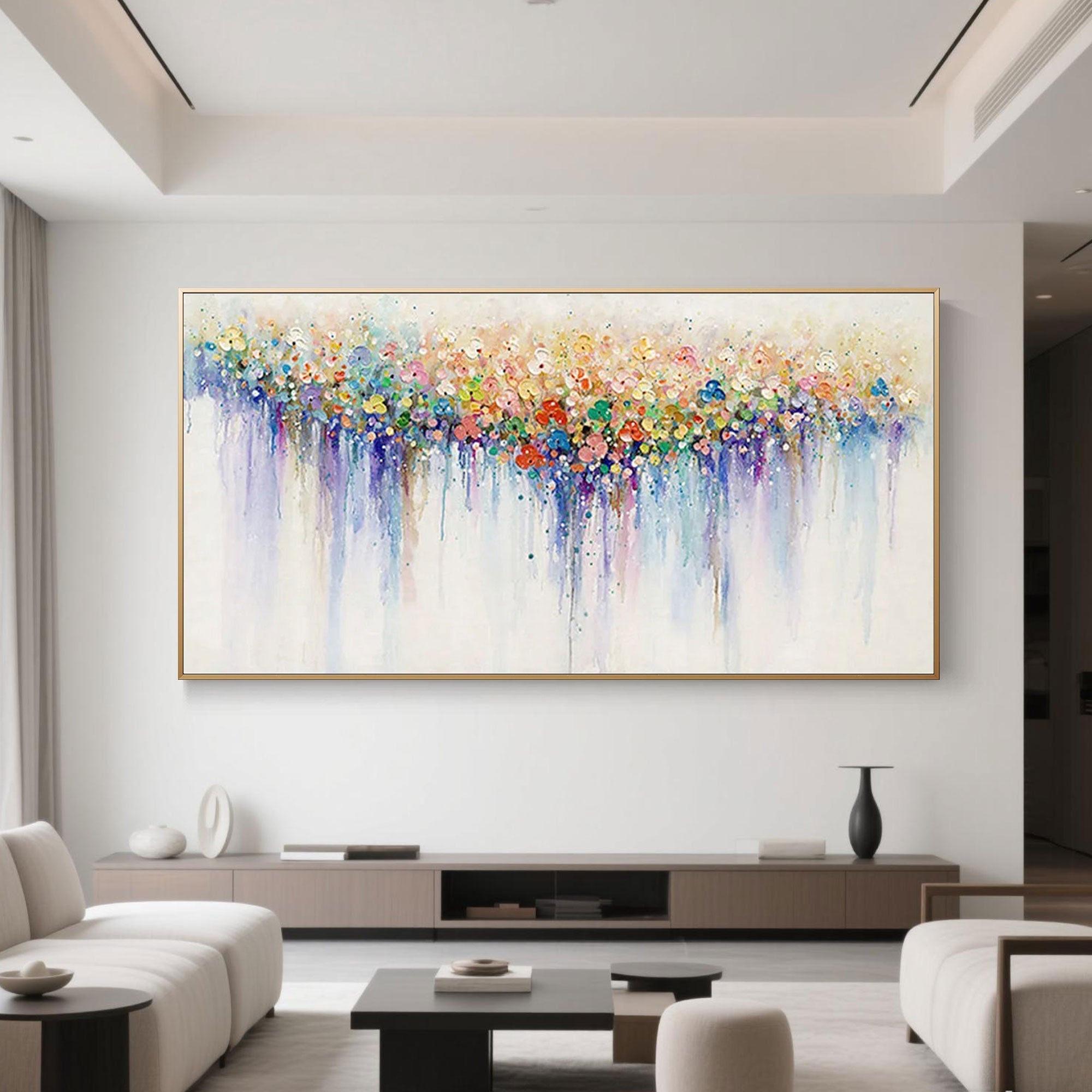 Modern abstract colorful wall painting with hand-painted dots in vibrant shades on a horizontal canvas, perfect for bright and artistic interiors.