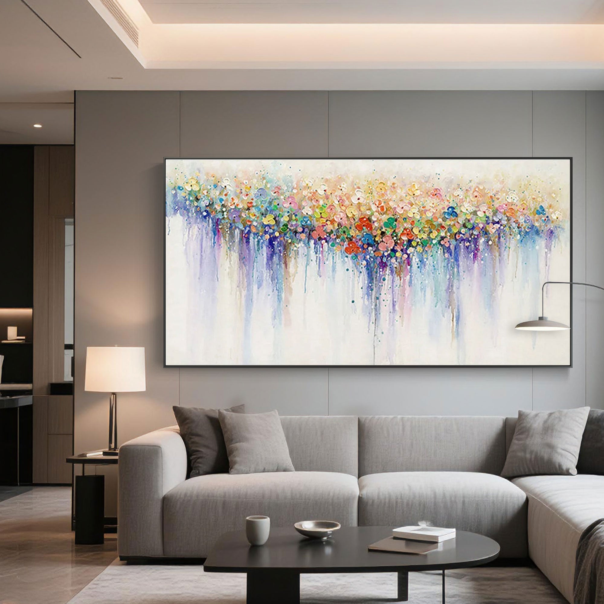 Abstract canvas art featuring colorful dots in a horizontal gradient.