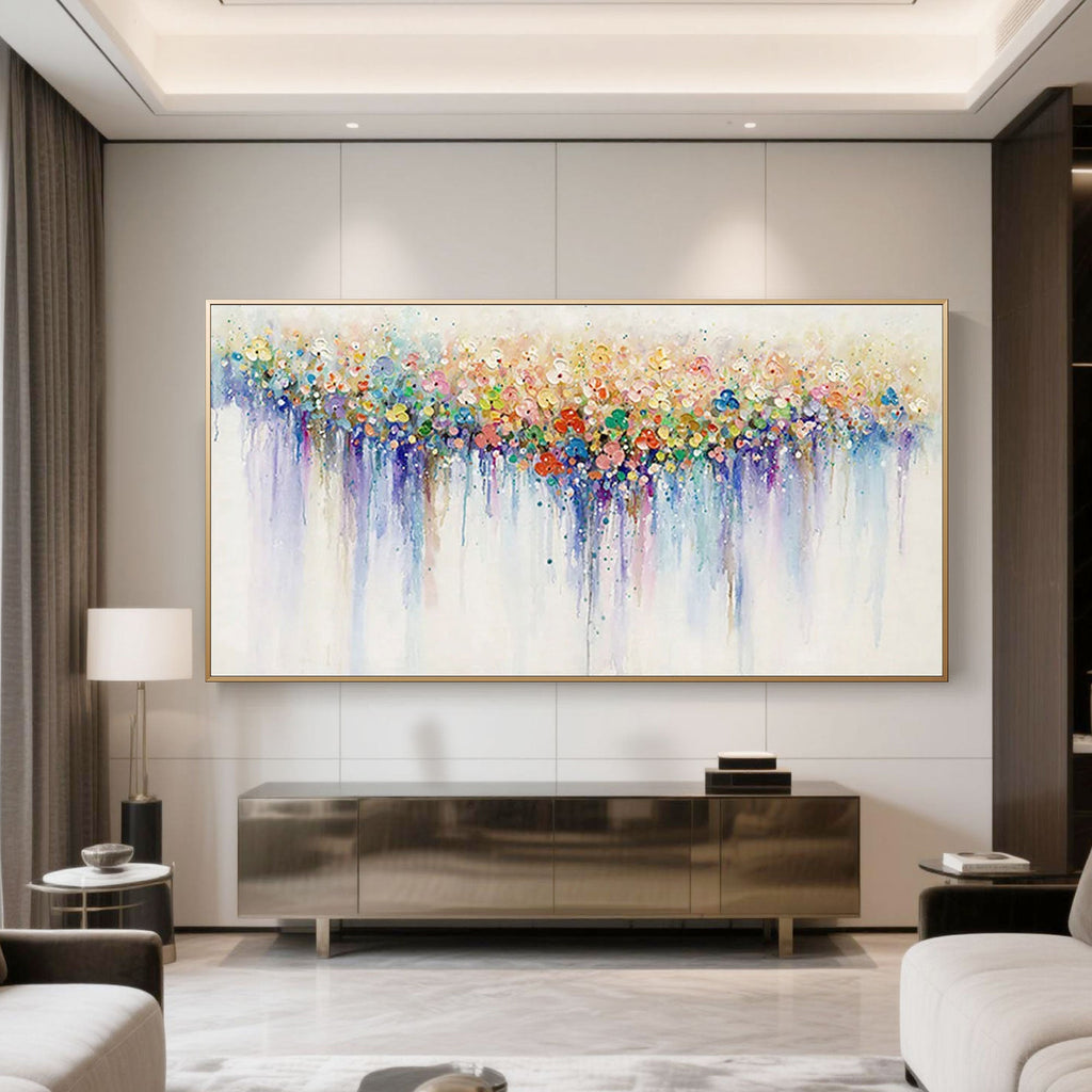Abstract canvas art featuring colorful dots in a horizontal gradient.