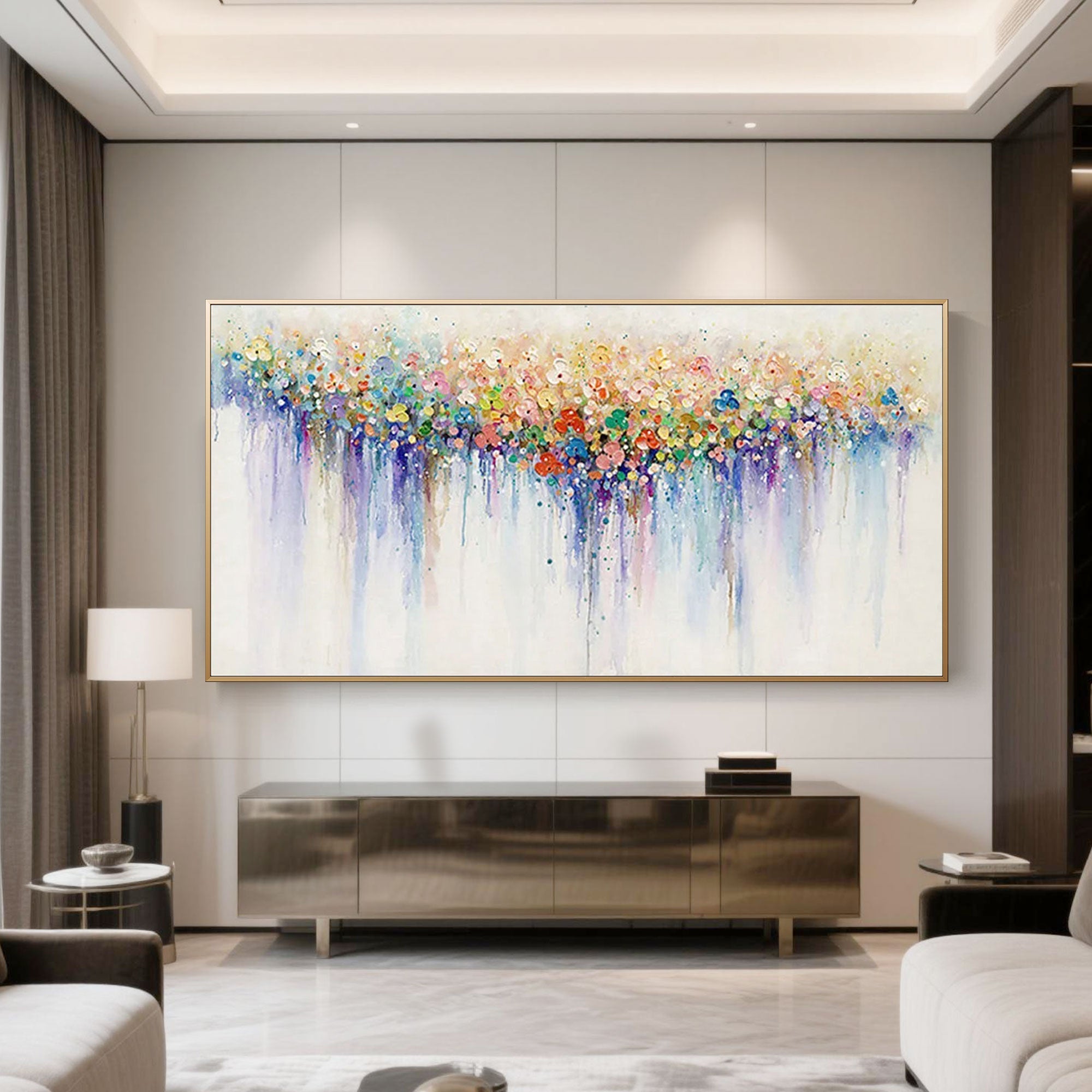 Abstract canvas art featuring colorful dots in a horizontal gradient.