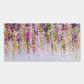 Abstract floral wall art with cascading pink, purple, yellow, and green blossoms on canvas.