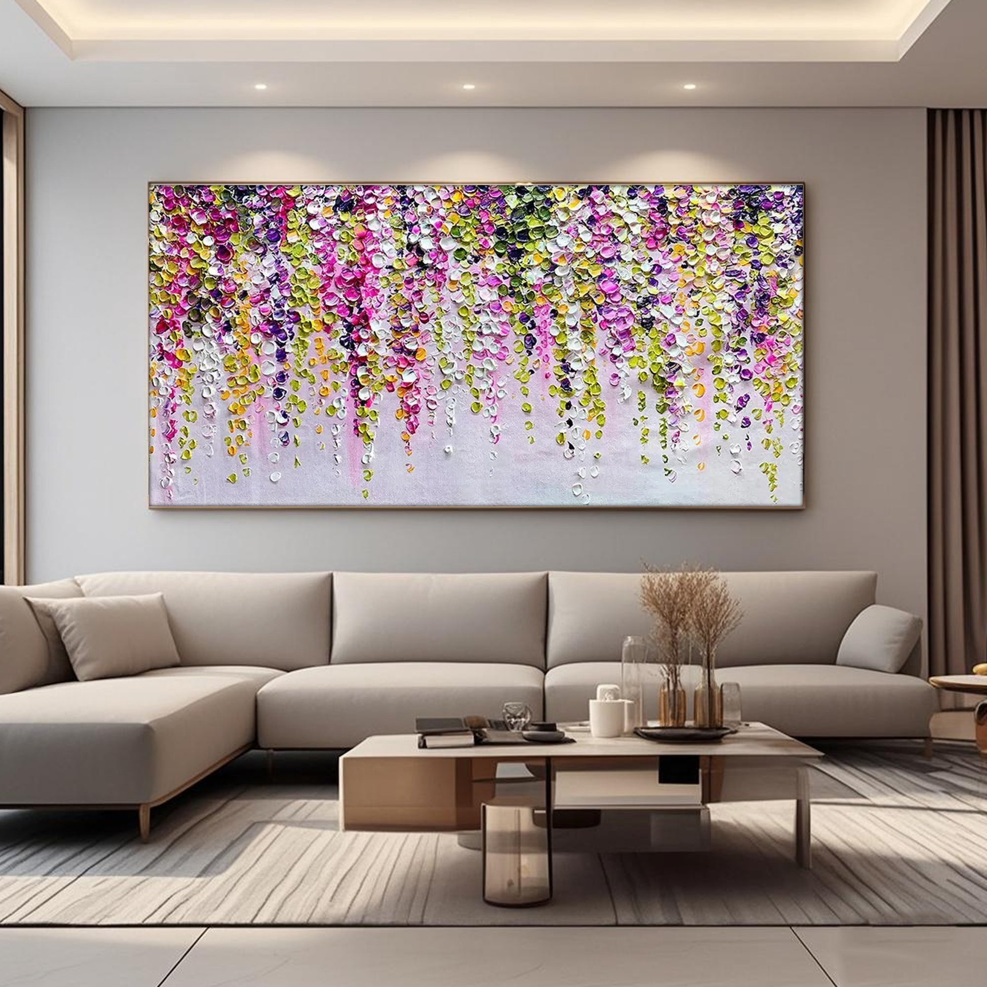 Abstract floral art in a living room. Pink, purple, yellow, and green blossoms add joyful color.