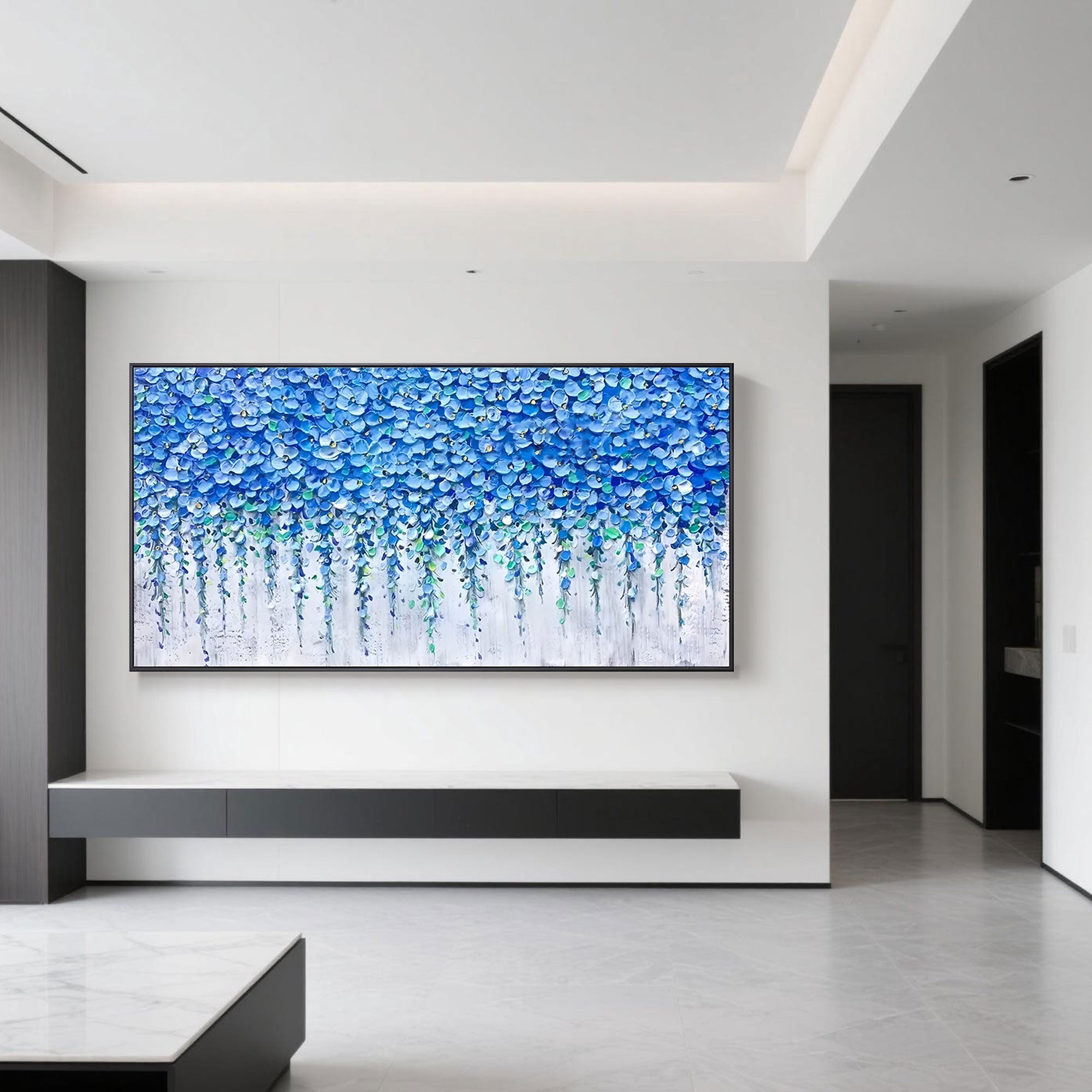 Blue floral wall art above console in contemporary interior.