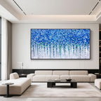 Blue floral art in minimalist home interior, vibrant and textured.