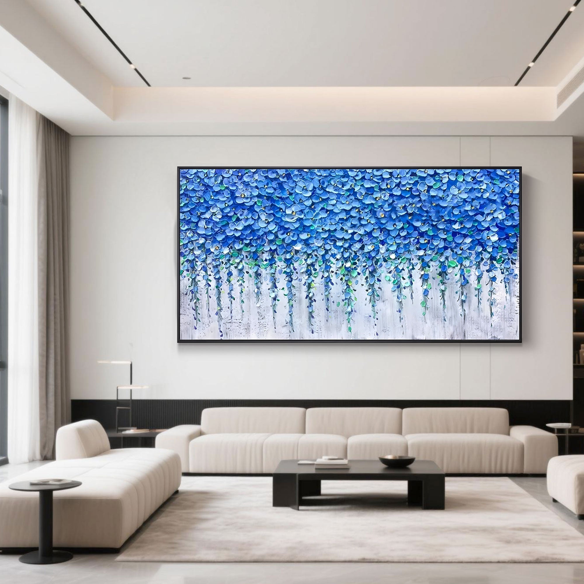 Blue floral art in minimalist home interior, vibrant and textured.