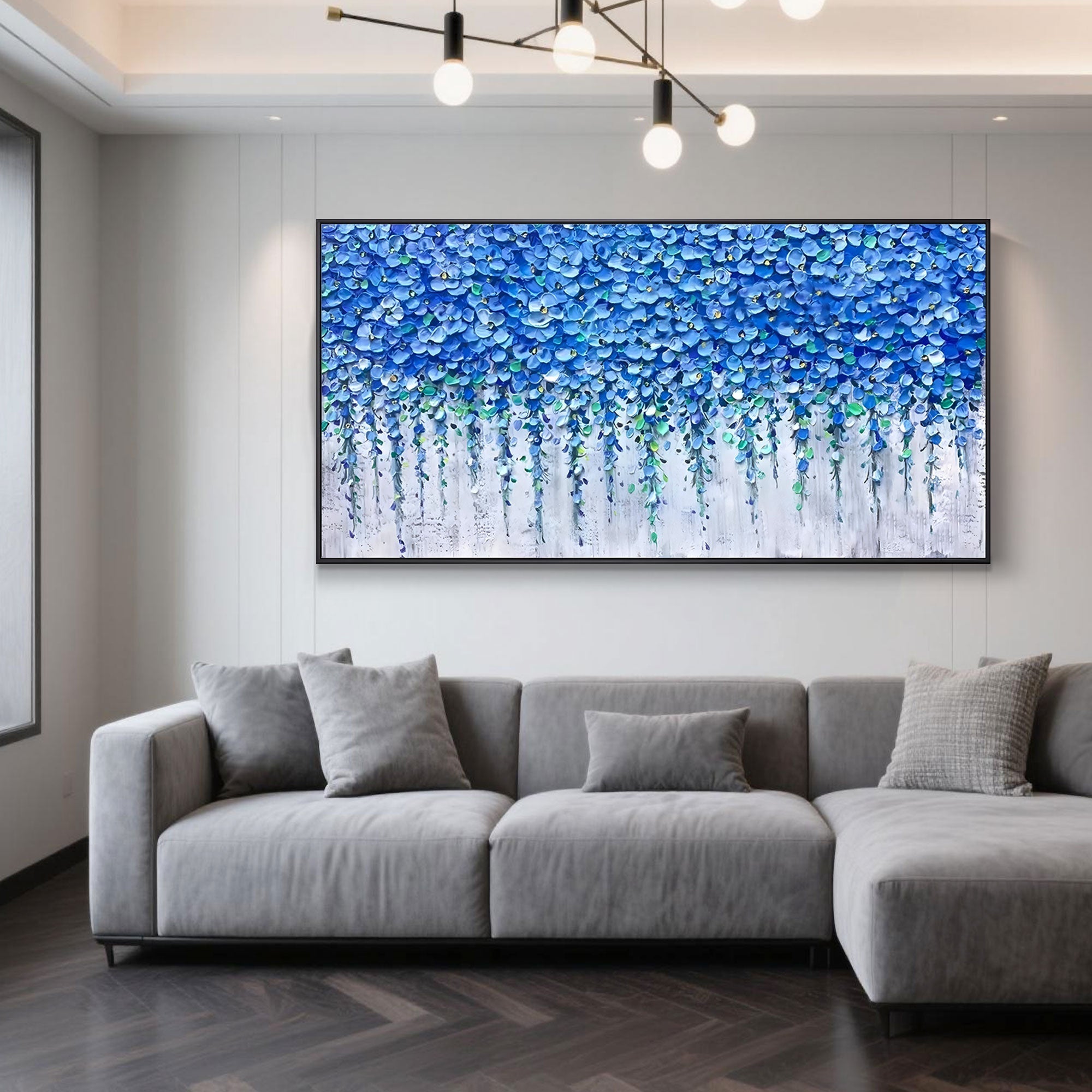 Abstract floral wall art with blue blossoms and 3D texture.